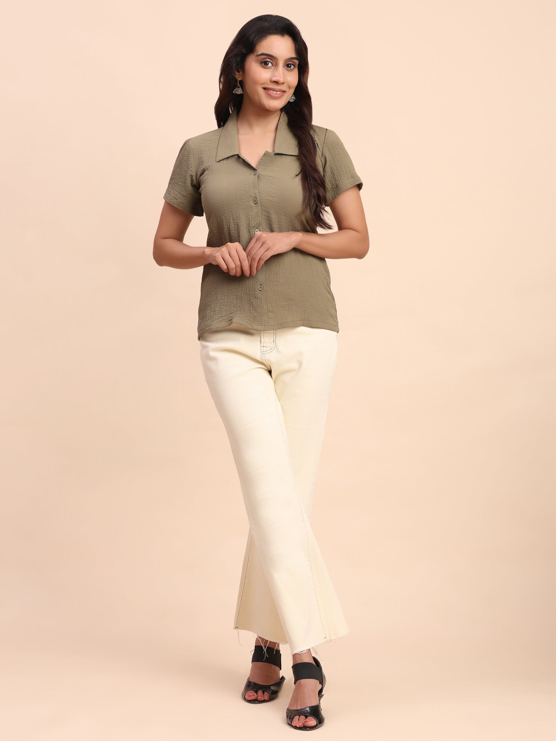 Trendrush Women Beige Sleeve Solid Shirt – Classic & Elegant