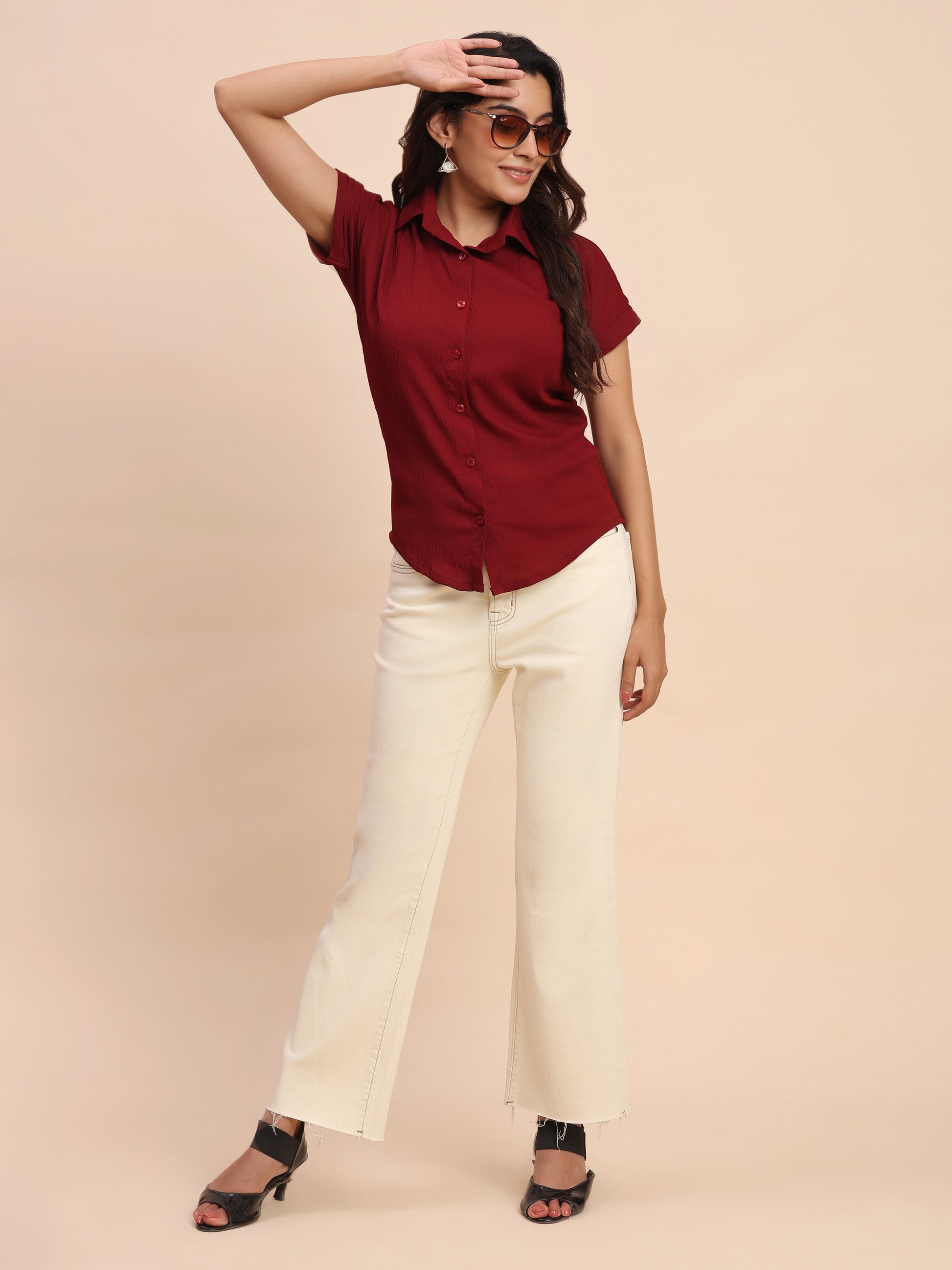 Trendrush Women Solid Maroon Short Sleeve Shirt – Elegant & Chic