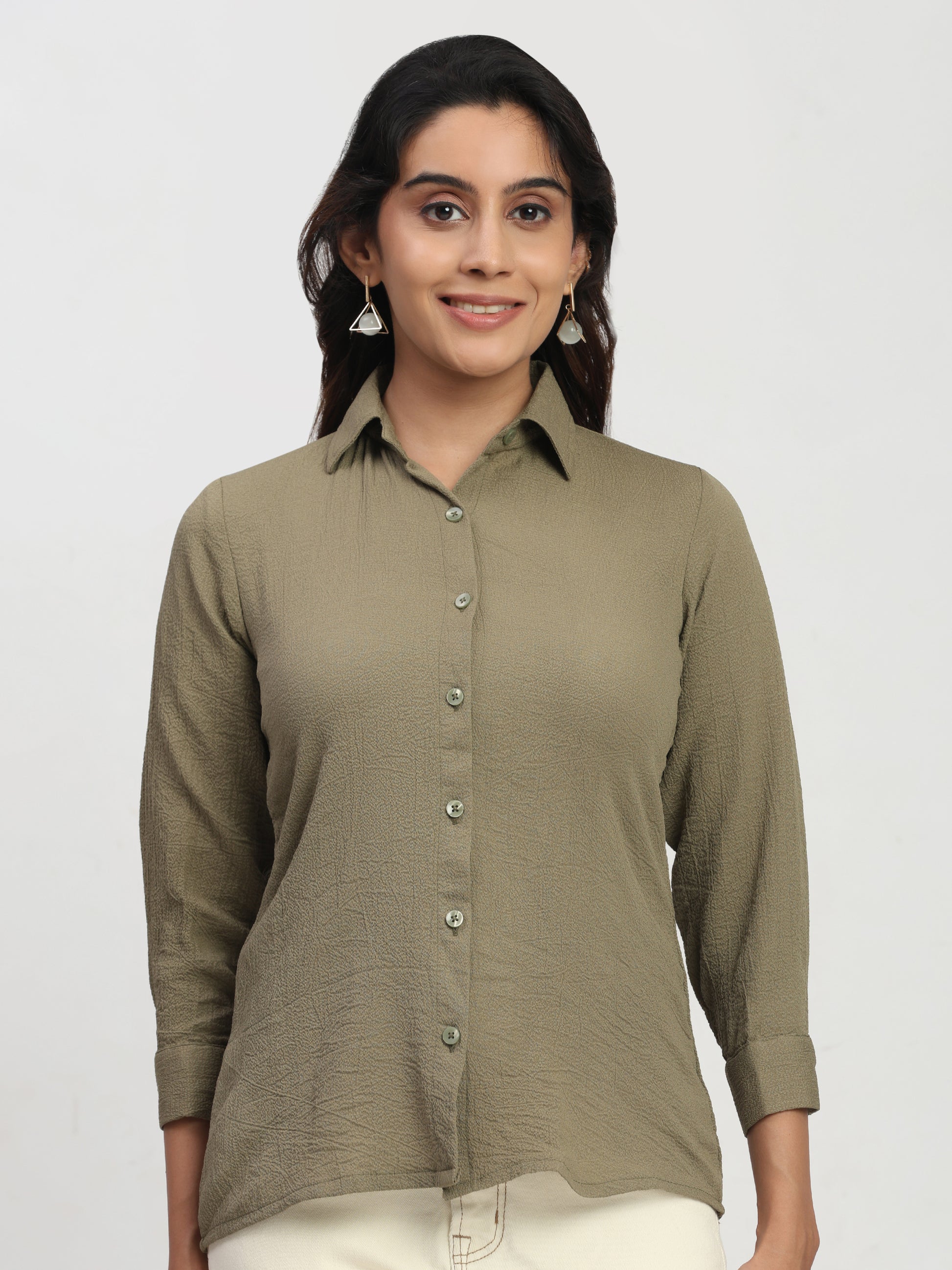 Trendrush Women Solid Khakhee Green Shirt with 3/4th Cuffed Sleeves