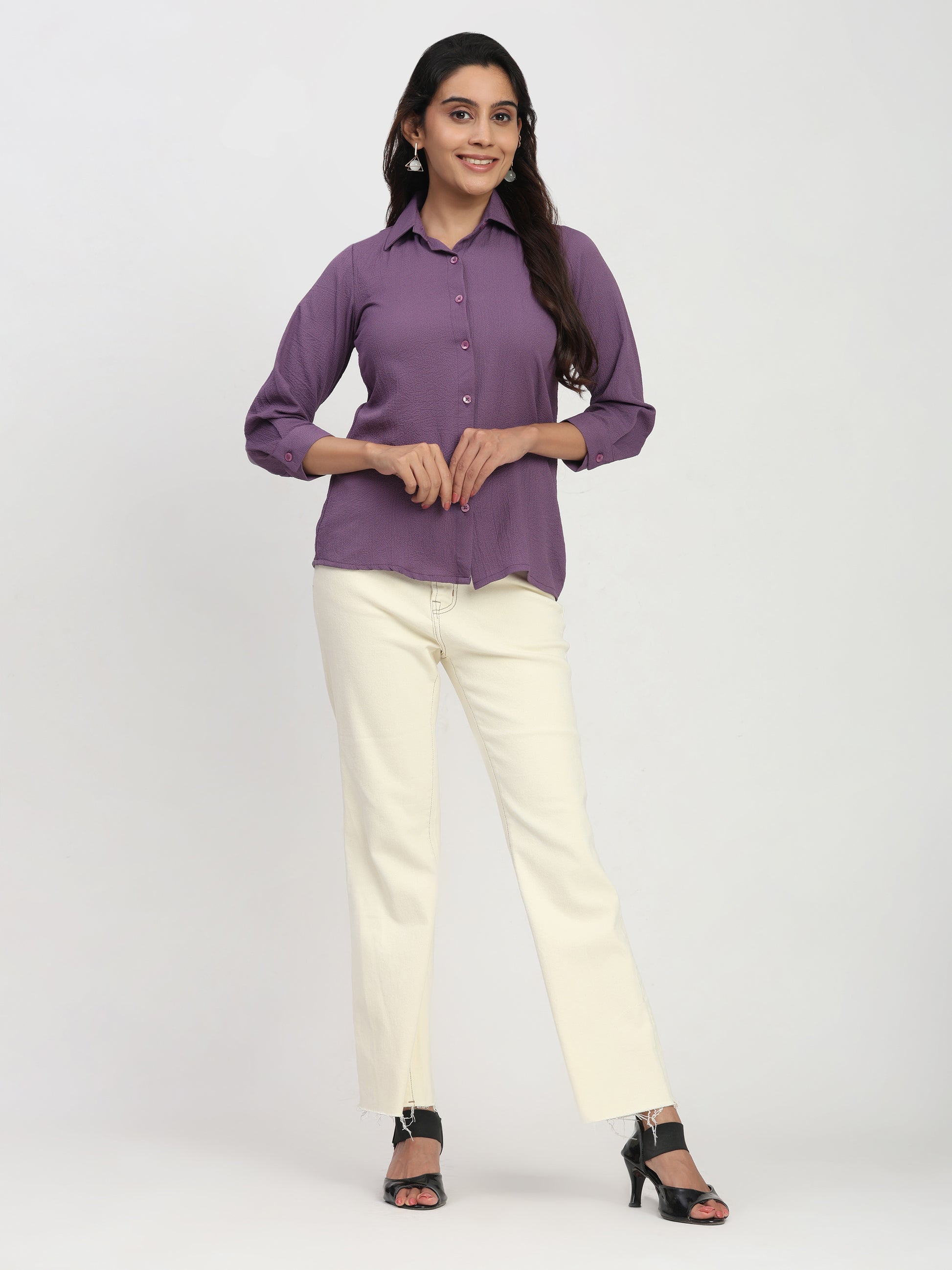 Trendrush Women Solid Purple Shirt with 3/4th Cuffed Sleeves