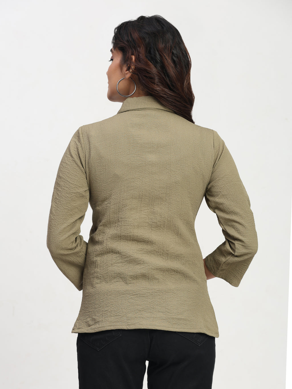 TrendRush Women Khakhi Green Shirt Collar Top – Elegant Casual & Office Wear