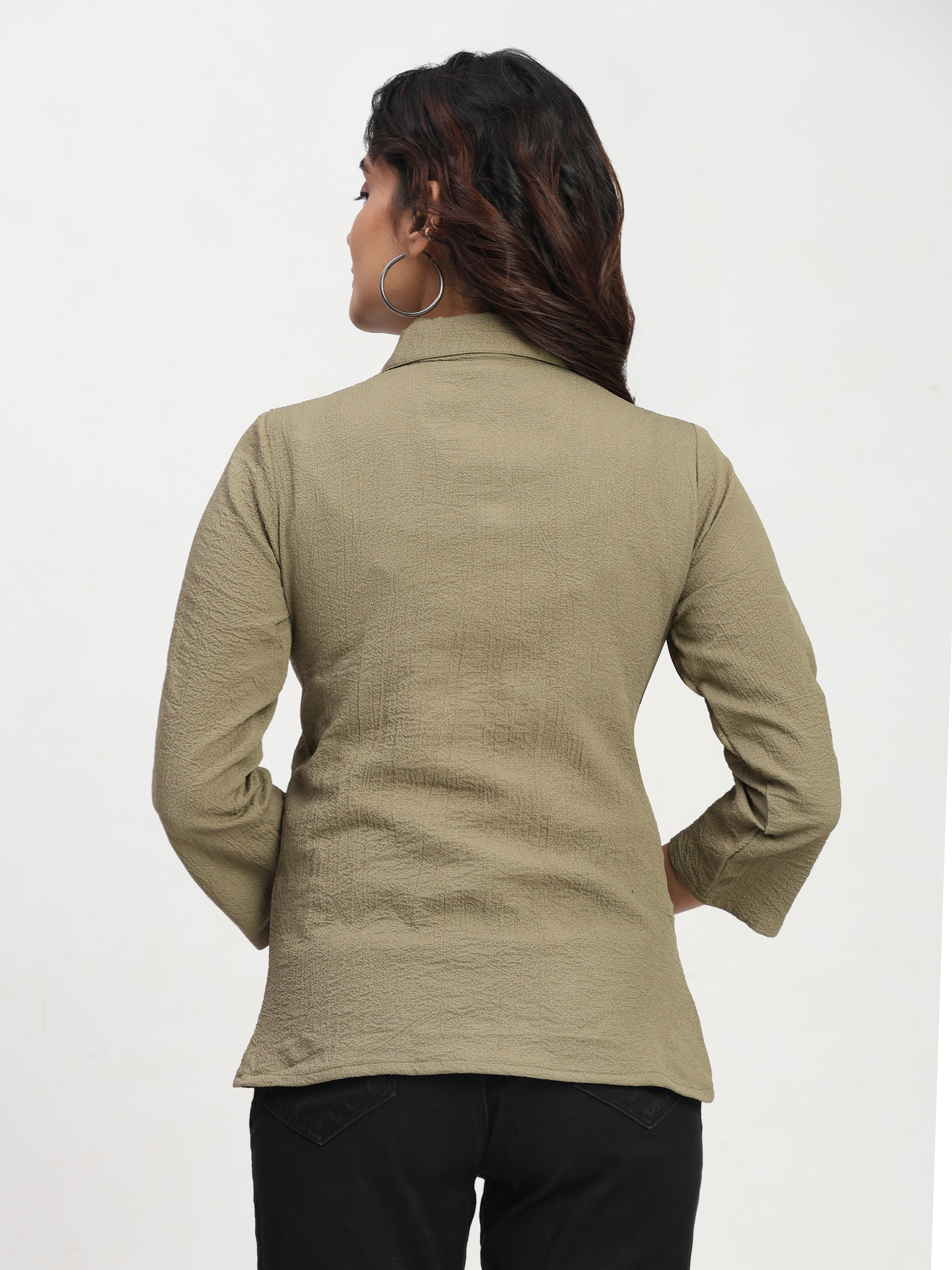TrendRush Women Khakhi Green Shirt Collar Top – Elegant Casual & Office Wear