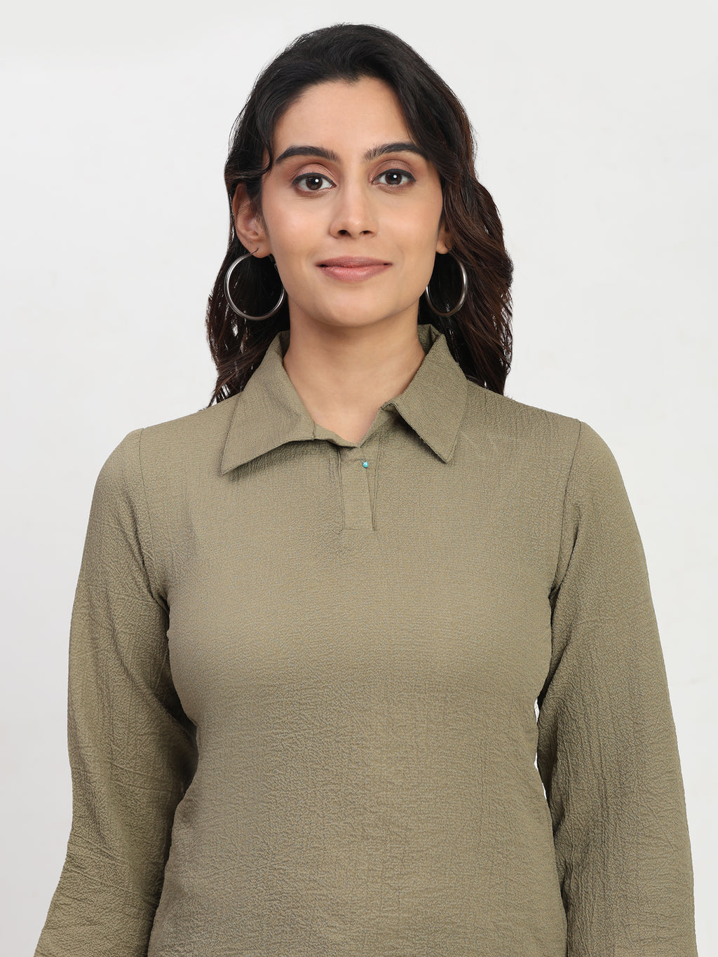 TrendRush Women Khakhi Green Shirt Collar Top – Elegant Casual & Office Wear