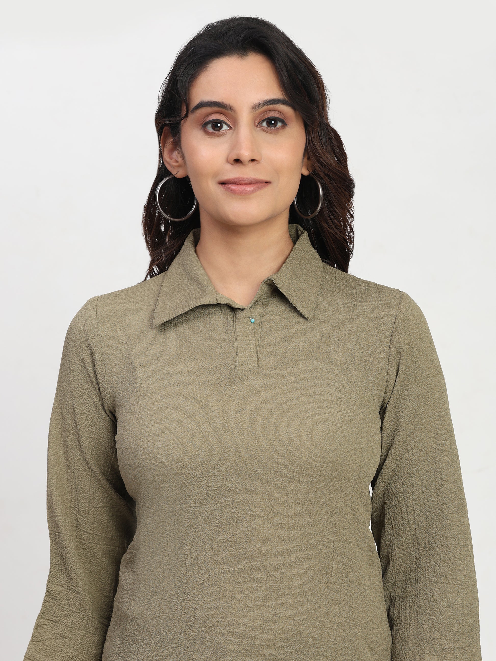 TrendRush Women Khakhi Green Shirt Collar Top – Elegant Casual & Office Wear