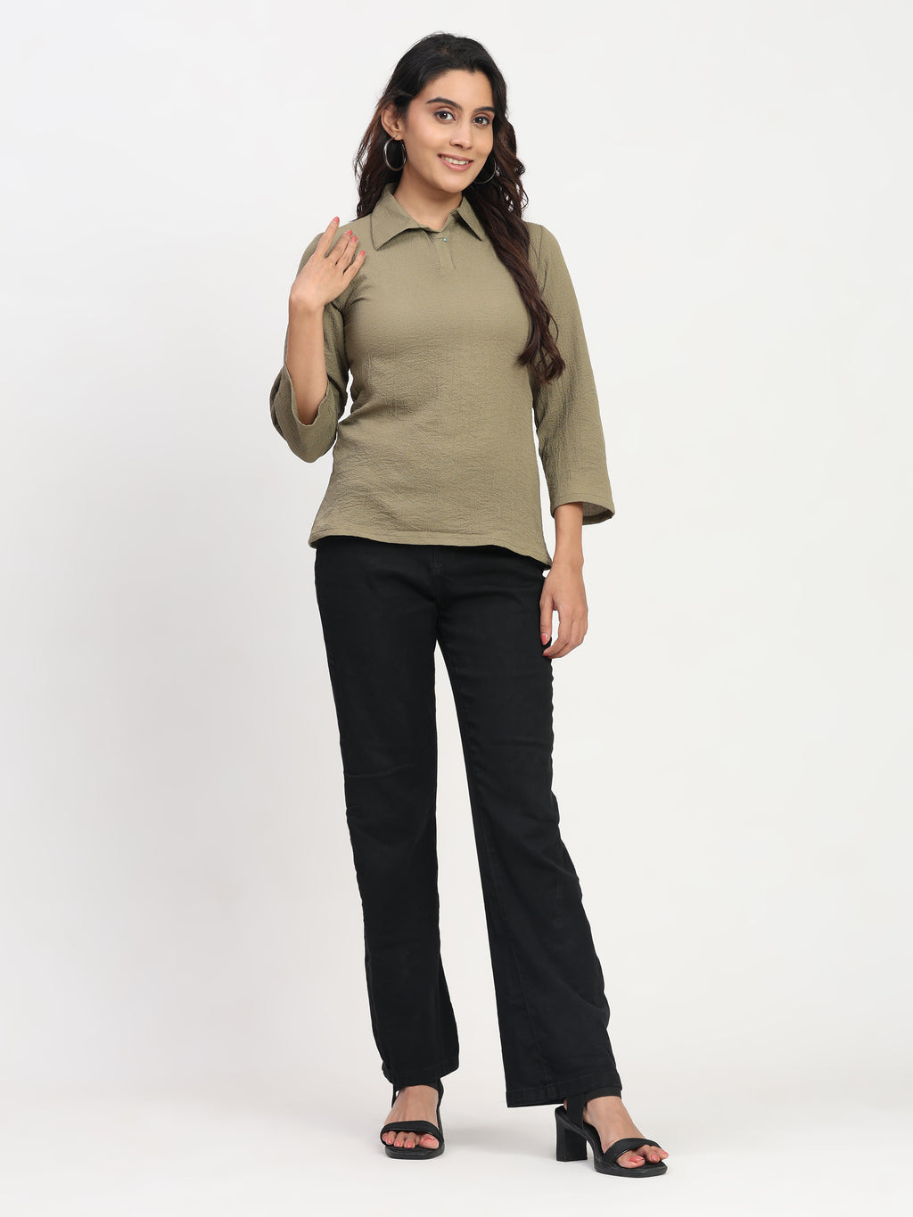 TrendRush Women Khakhi Green Shirt Collar Top – Elegant Casual & Office Wear