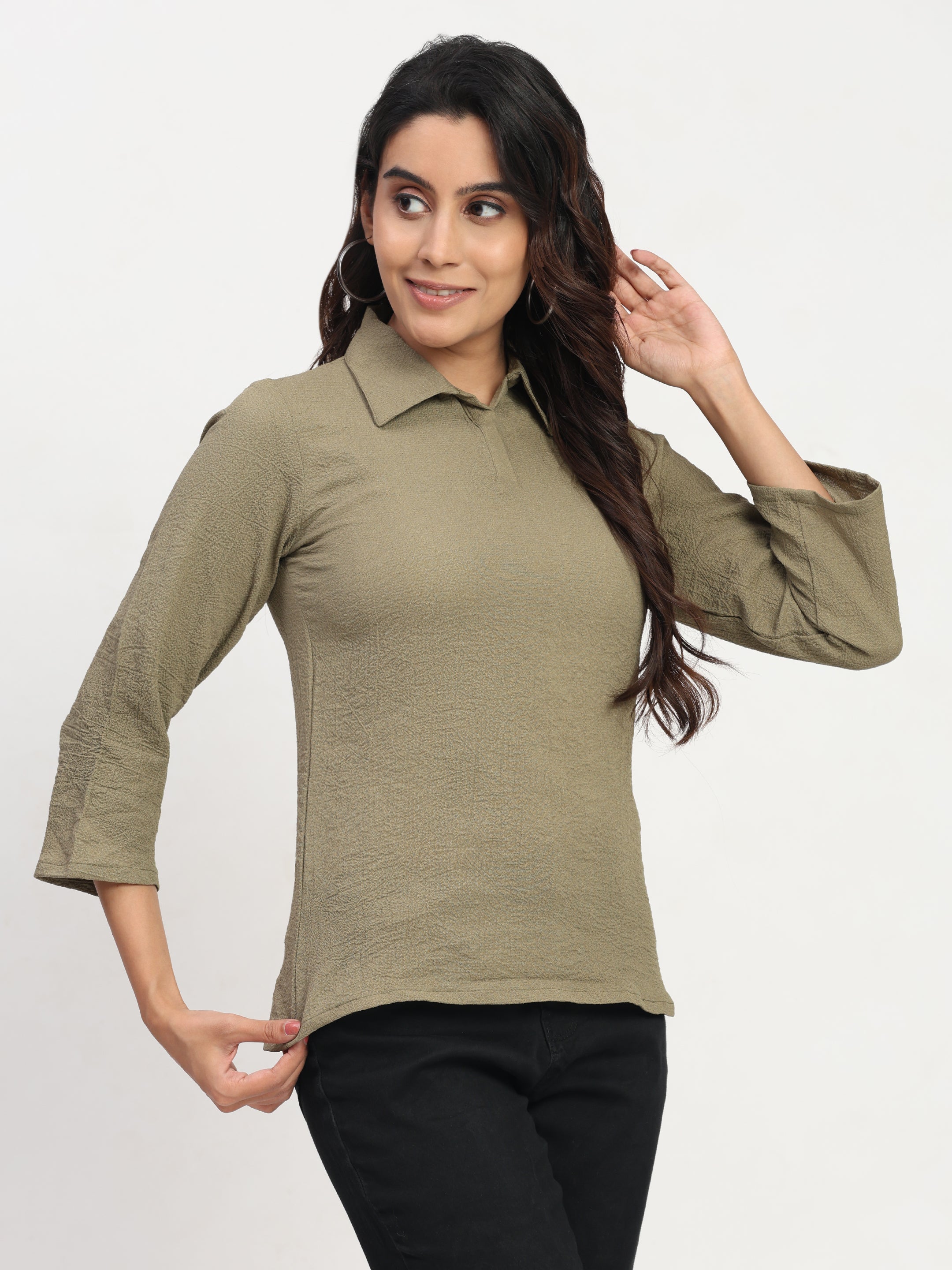 Shirt Collar Regular Fit Solid Top – Casual & Office Wear