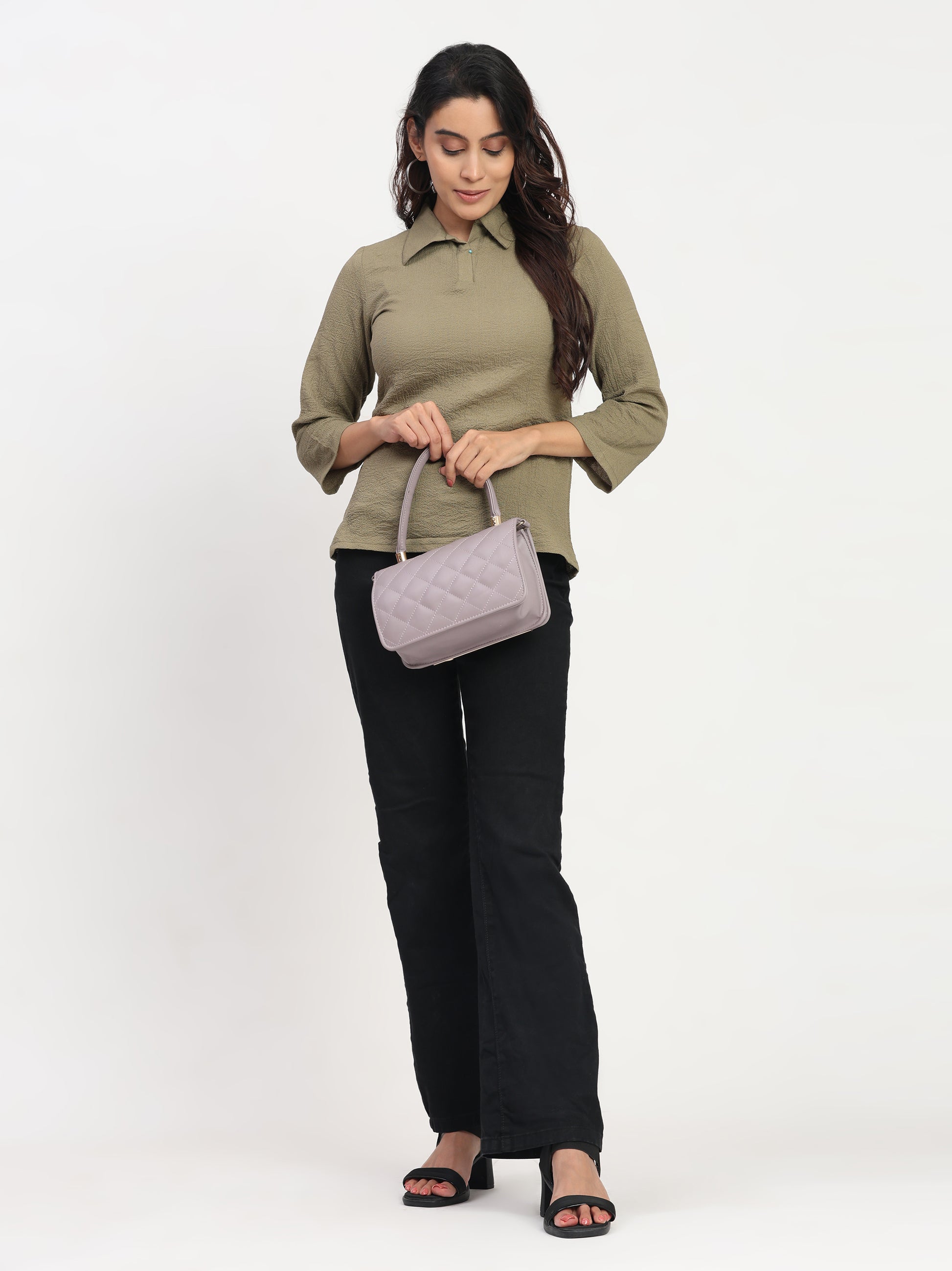 TrendRush Women Khakhi Green Shirt Collar Top – Elegant Casual & Office Wear