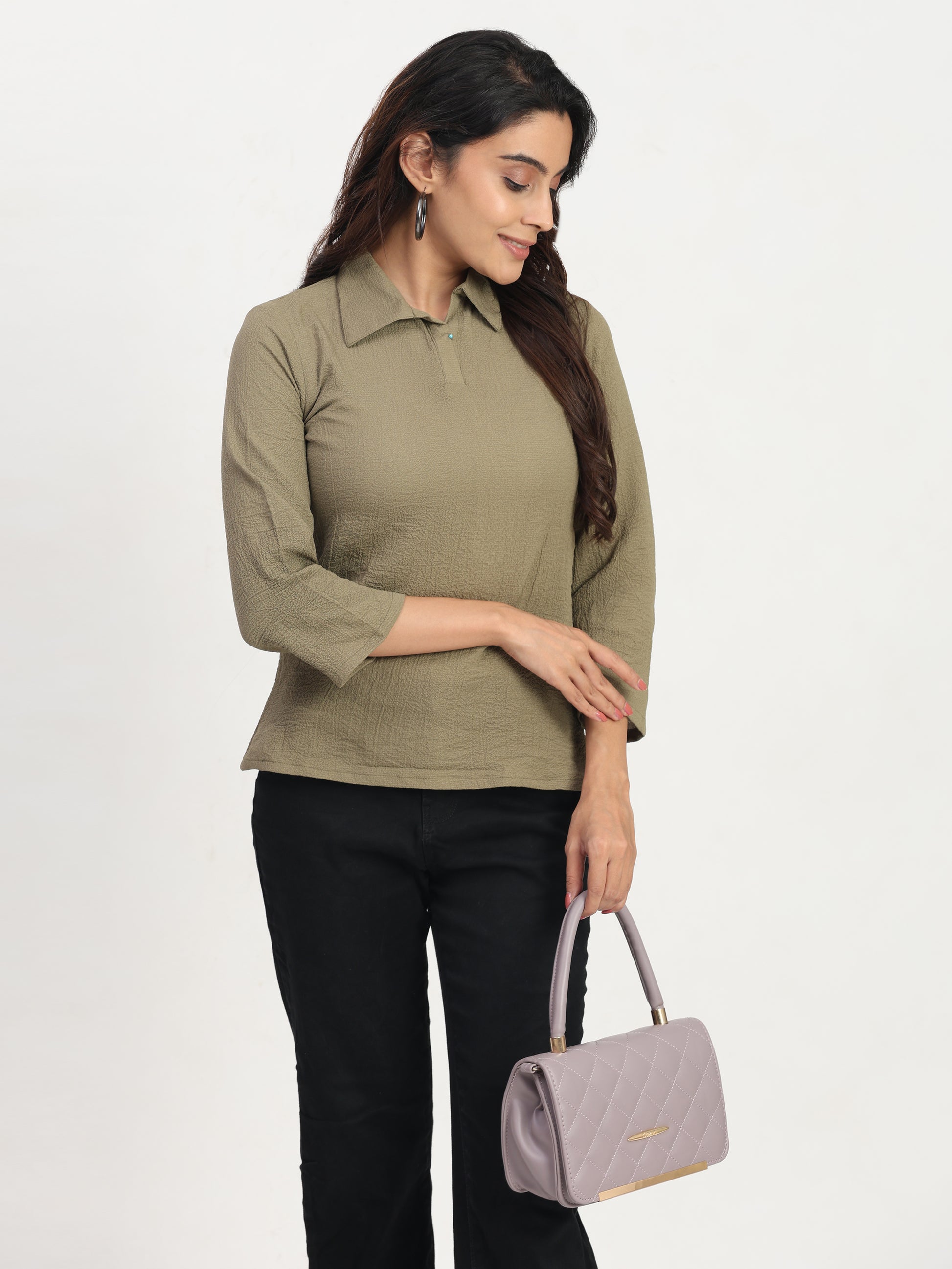 TrendRush Women Khakhi Green Shirt Collar Top – Elegant Casual & Office Wear