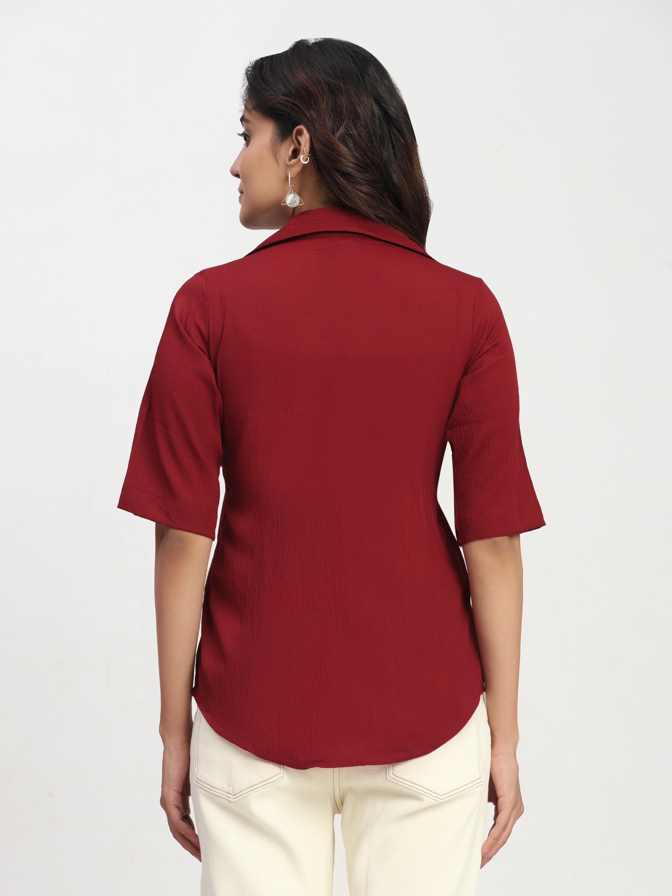 TrendRush Women Maroon V-Neck Short Sleeve Solid Formal Top