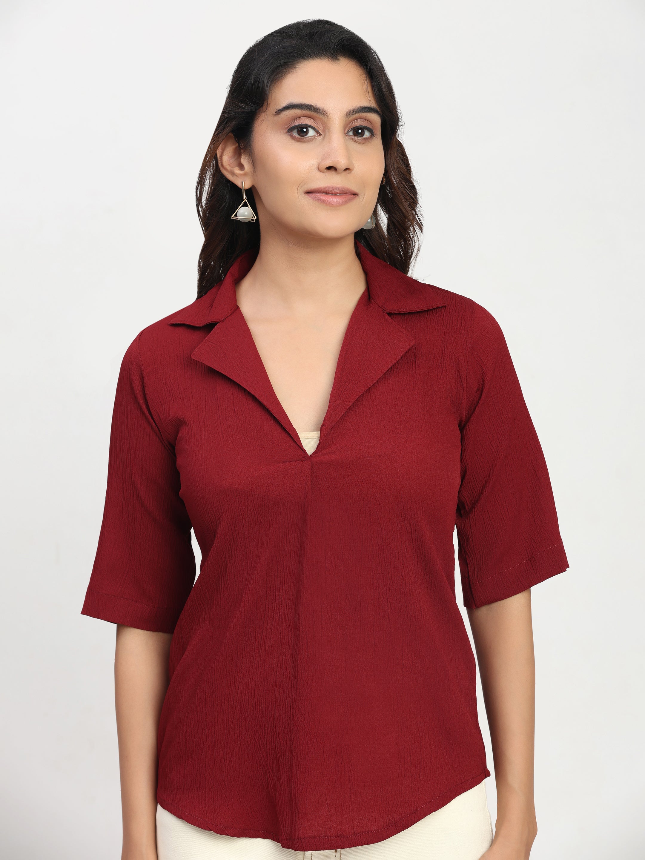 TrendRush Women Maroon V-Neck Short Sleeve Solid Formal Top