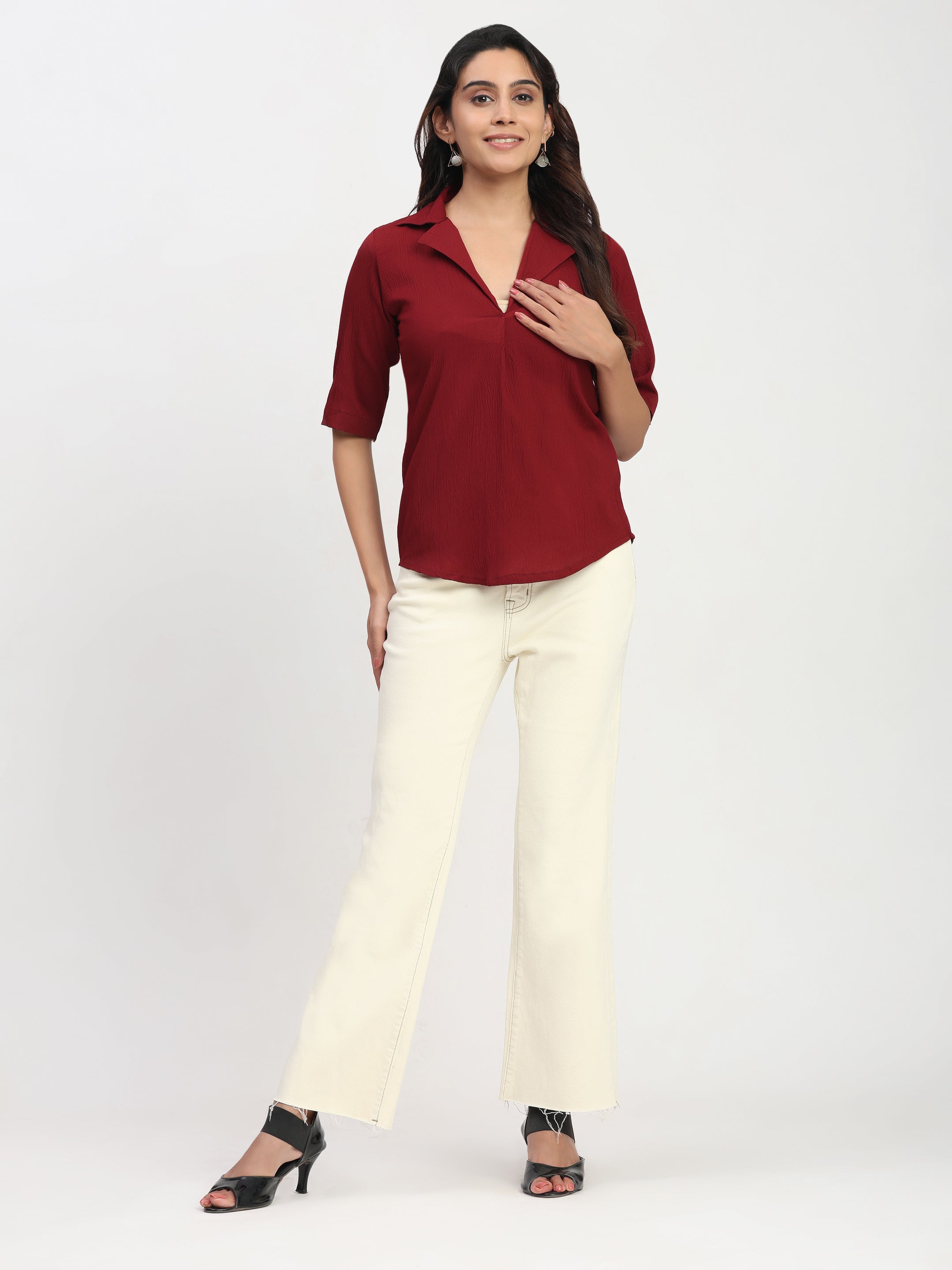 TrendRush Women Maroon V-Neck Short Sleeve Solid Formal Top