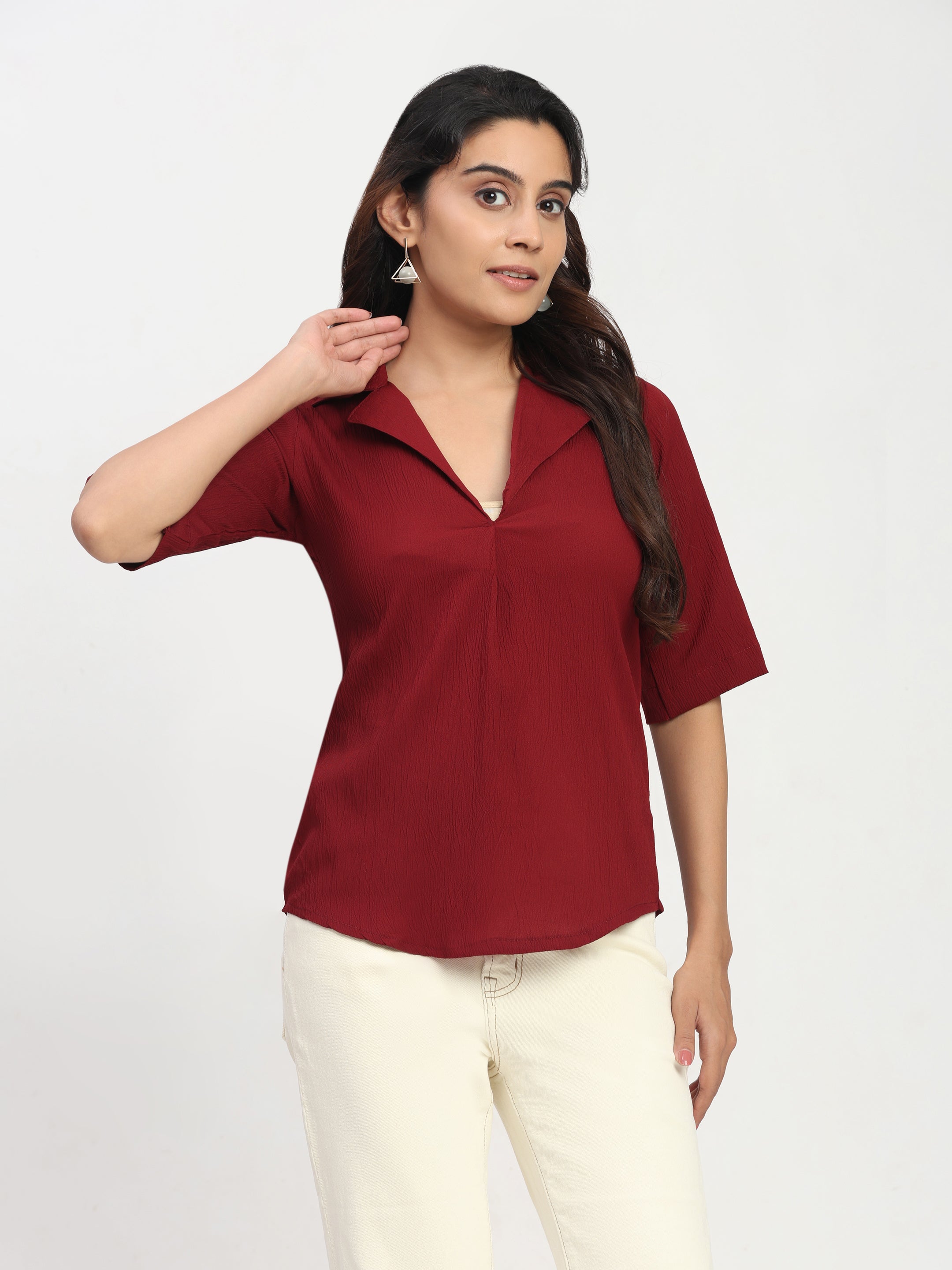TrendRush Women Maroon V-Neck Short Sleeve Solid Formal Top