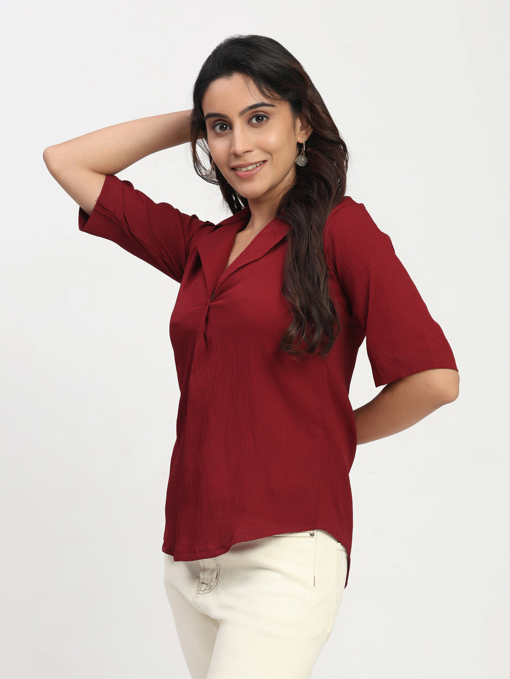 TrendRush Women Maroon V-Neck Short Sleeve Solid Formal Top