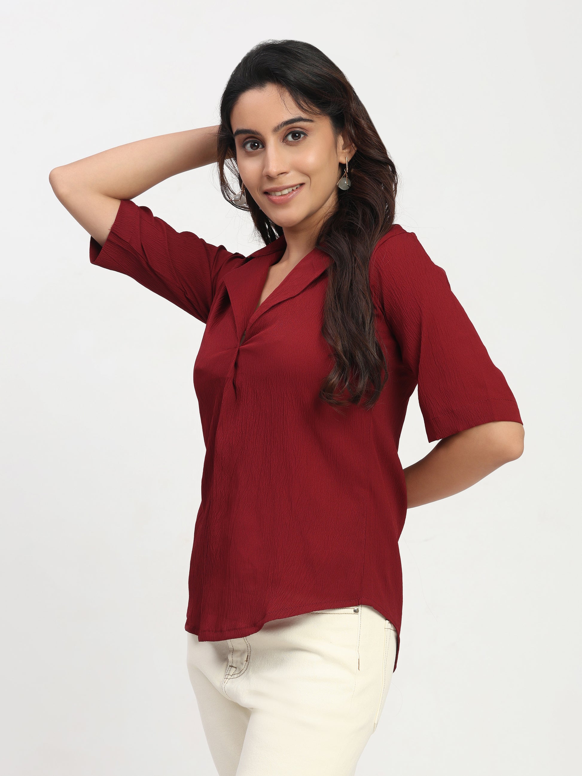TrendRush Women Maroon V-Neck Short Sleeve Solid Formal Top