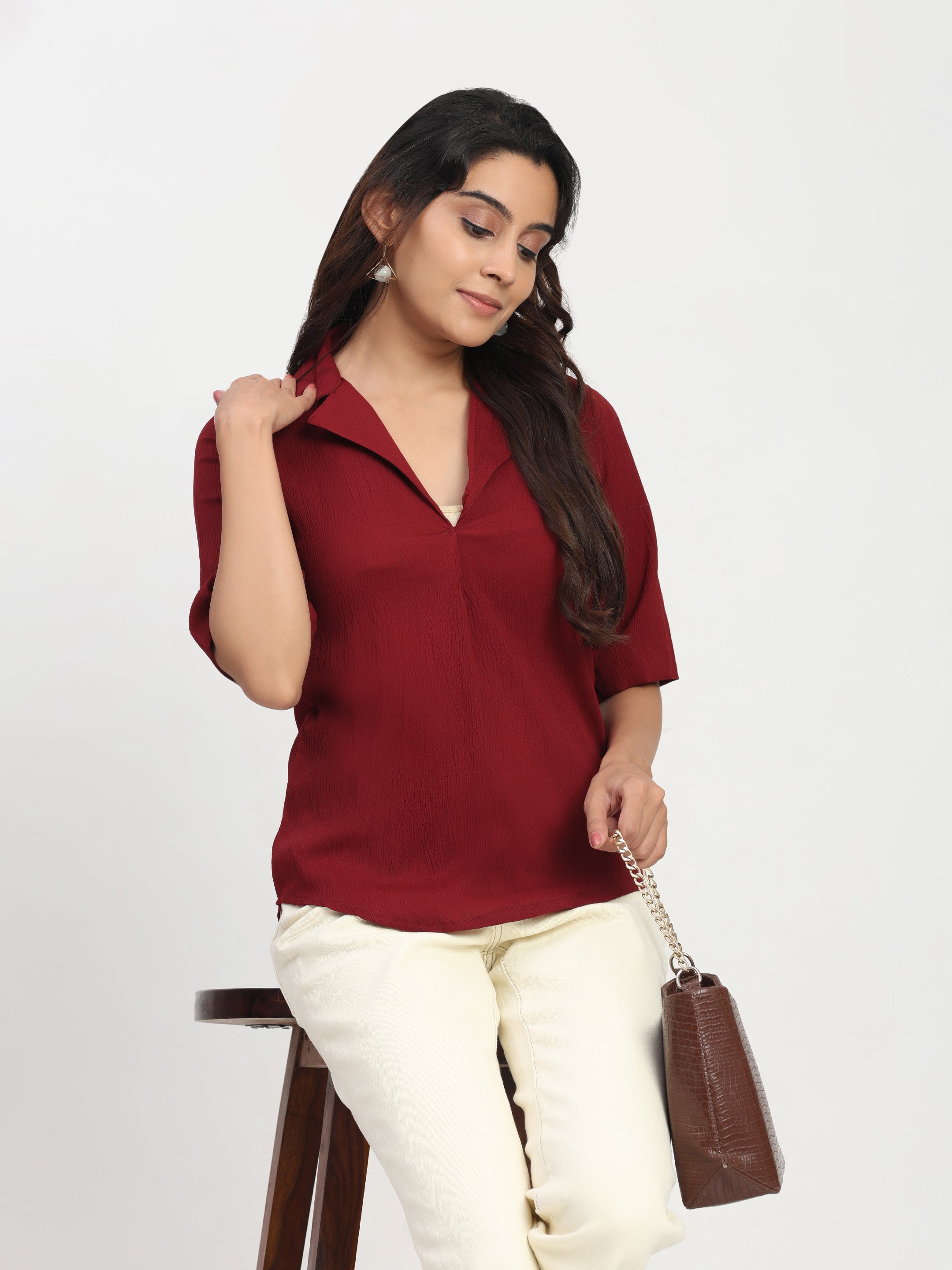 TrendRush Women Maroon V-Neck Short Sleeve Solid Formal Top
