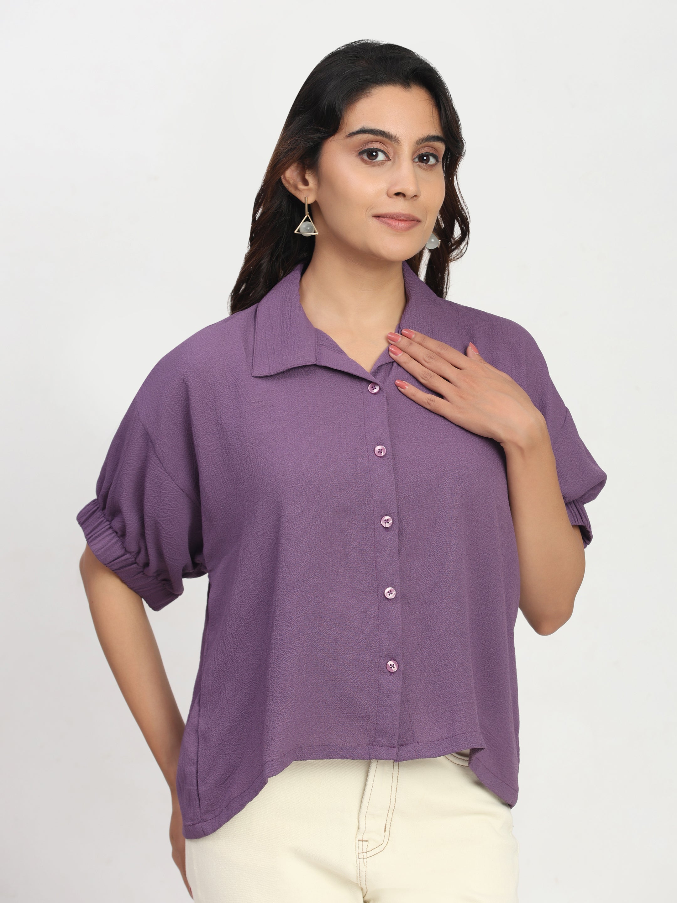 TrendRush Women Purple Kaftan Style Elasticated Sleeve Shirt