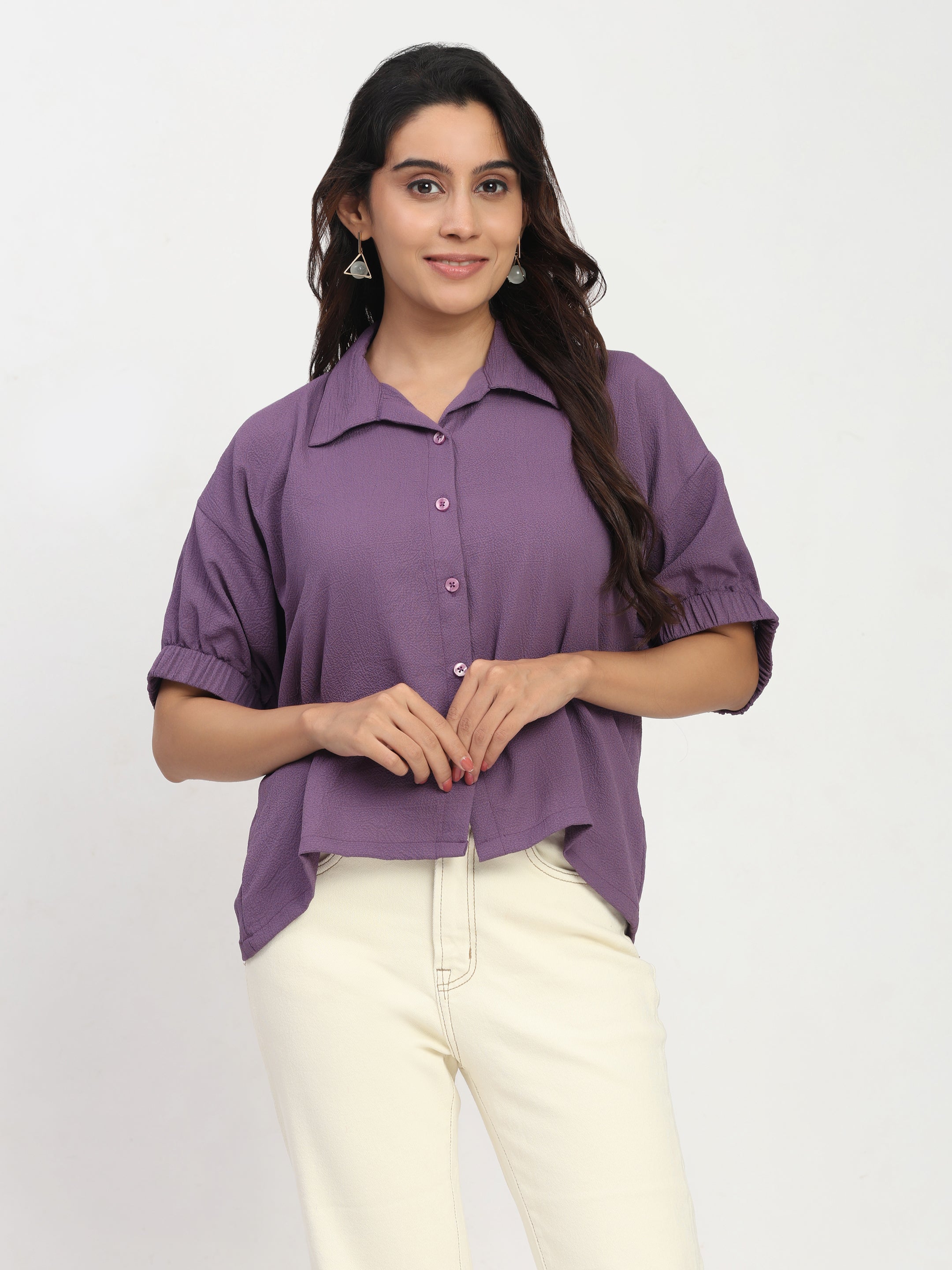 TrendRush Women Purple Kaftan Style Elasticated Sleeve Shirt