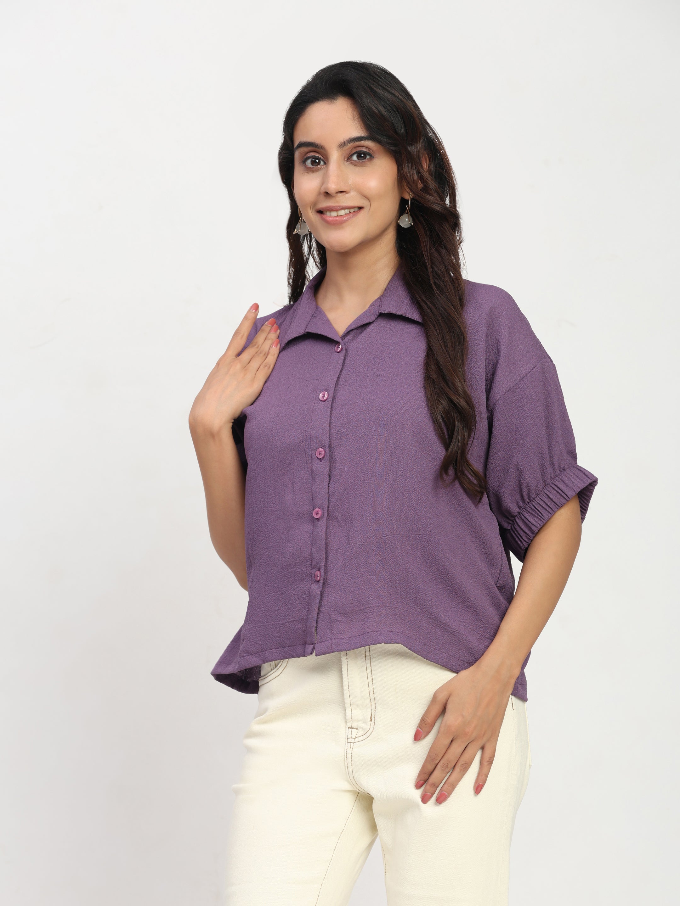 TrendRush Women Purple Kaftan Style Elasticated Sleeve Shirt