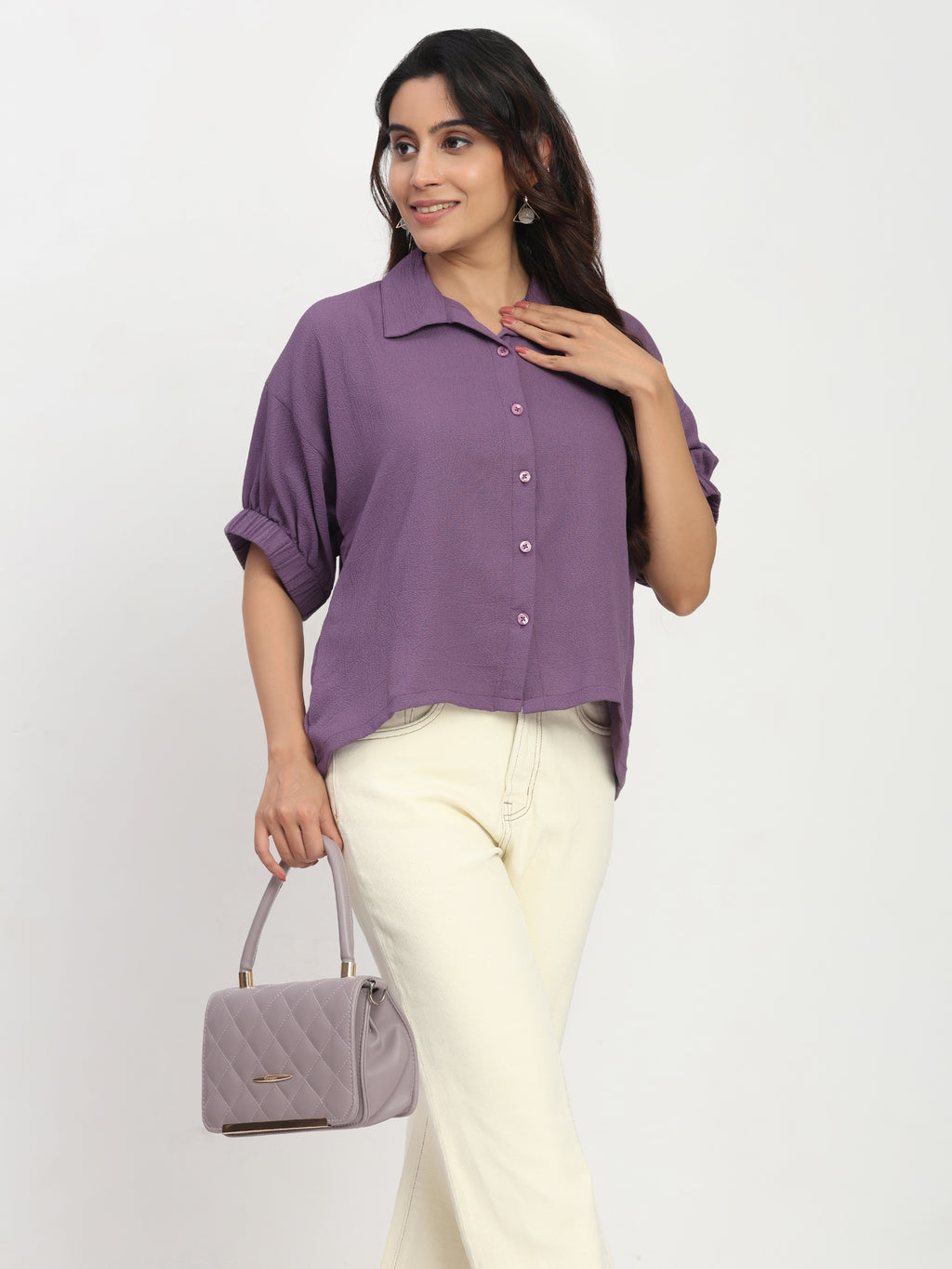 TrendRush Women Purple Kaftan Style Elasticated Sleeve Shirt