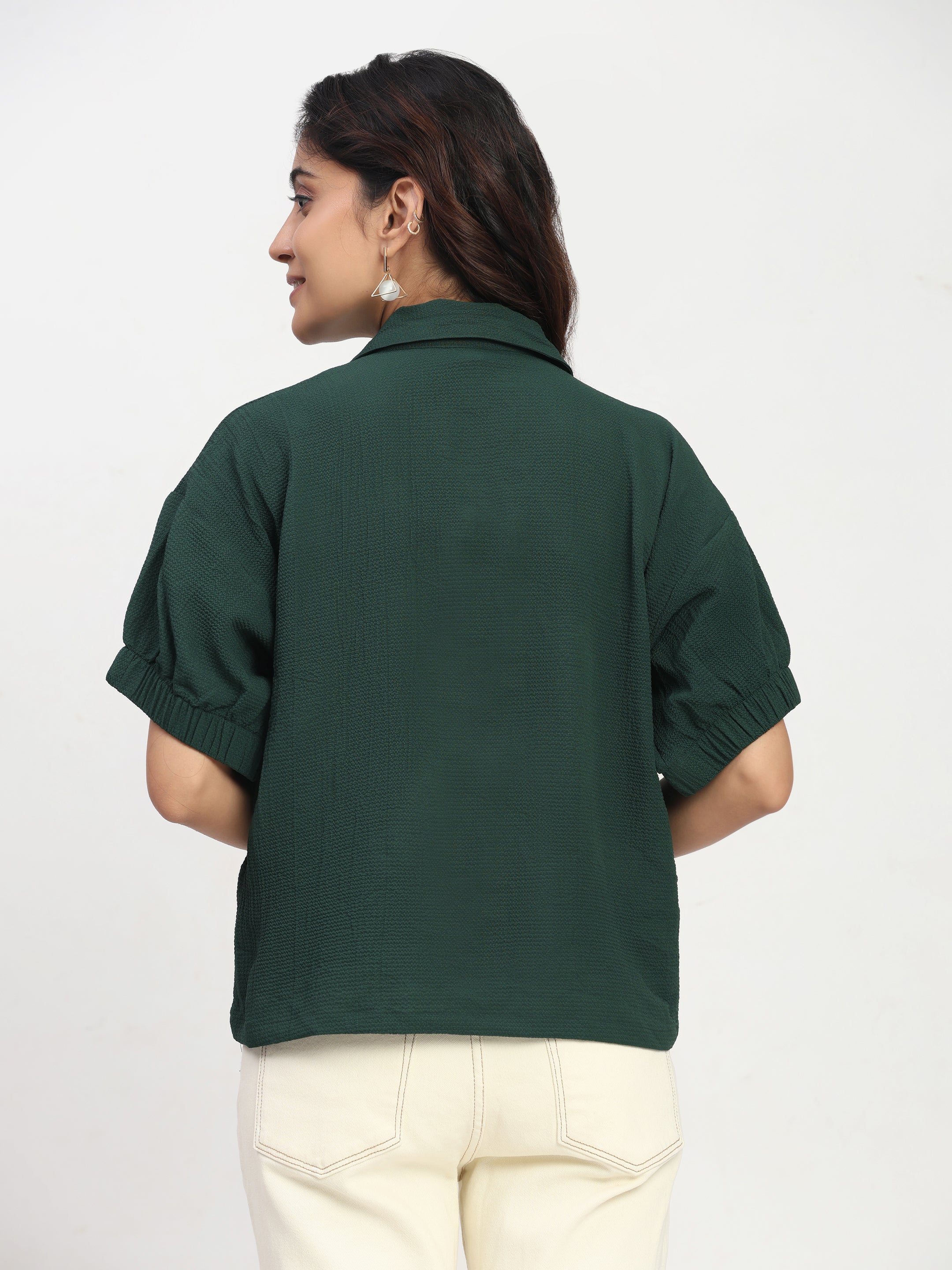 TrendRush Women Green Kaftan Style Elasticated Sleeve Shirt