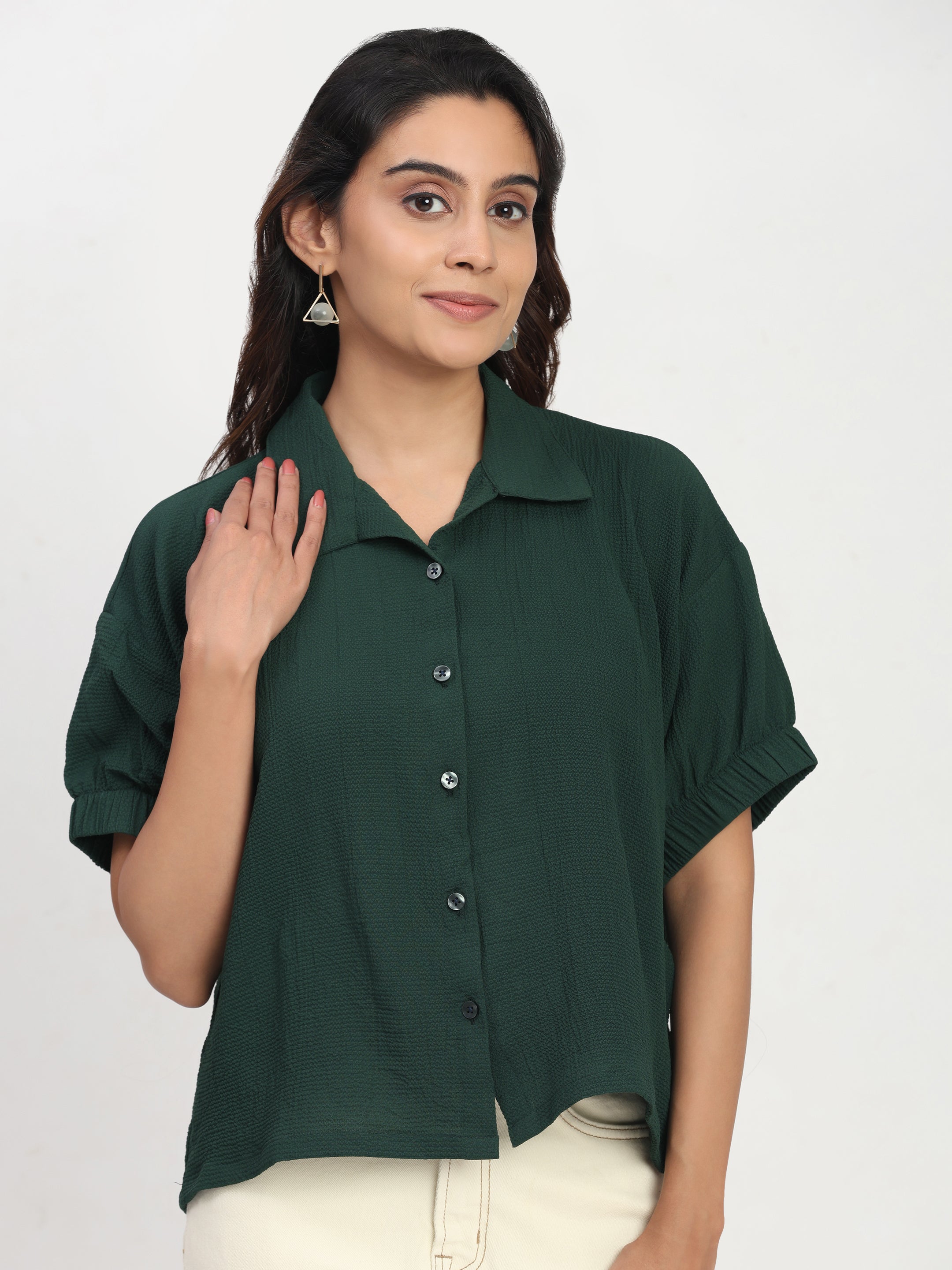 TrendRush Women Green Kaftan Style Elasticated Sleeve Shirt