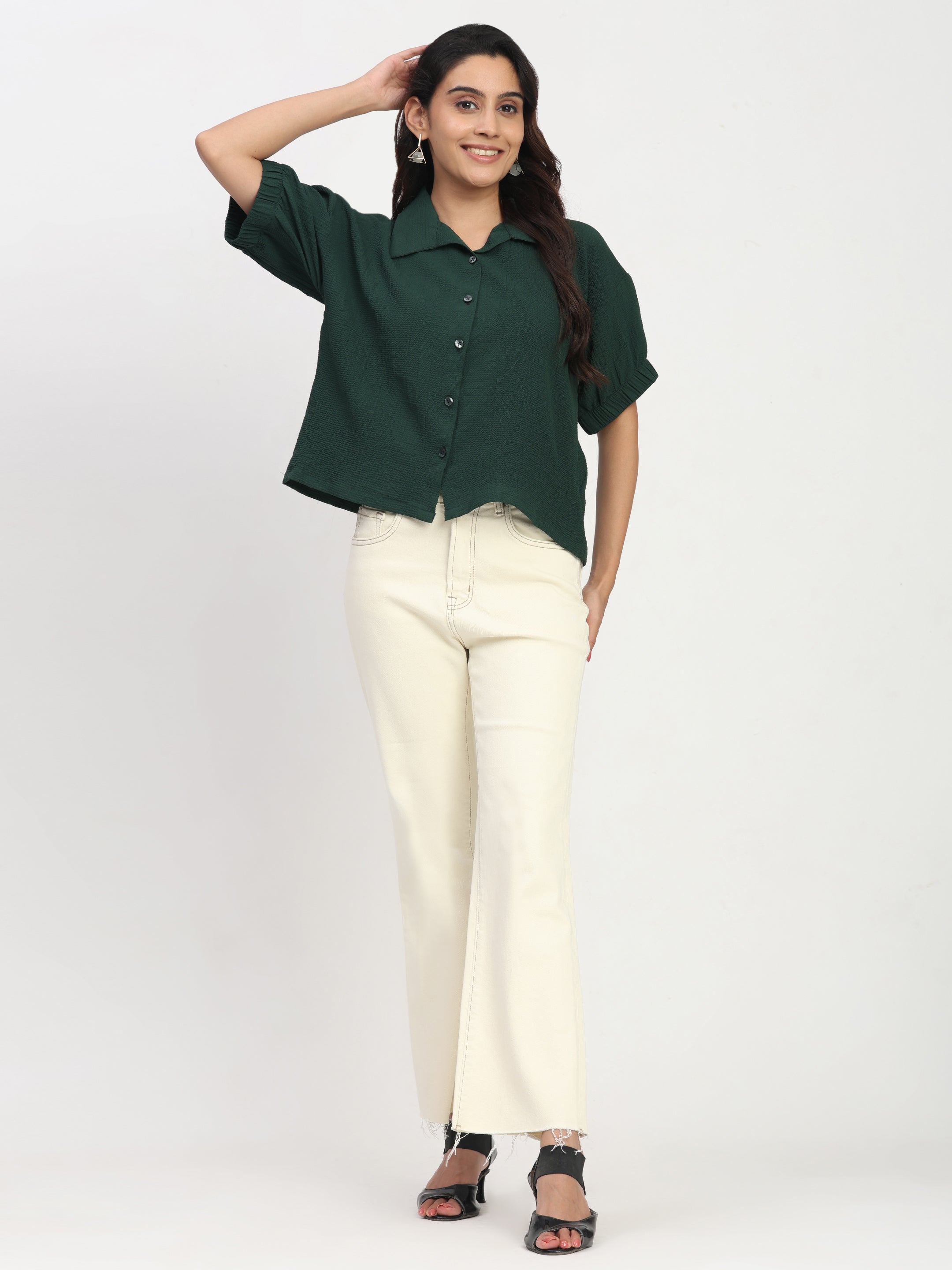 TrendRush Women Green Kaftan Style Elasticated Sleeve Shirt