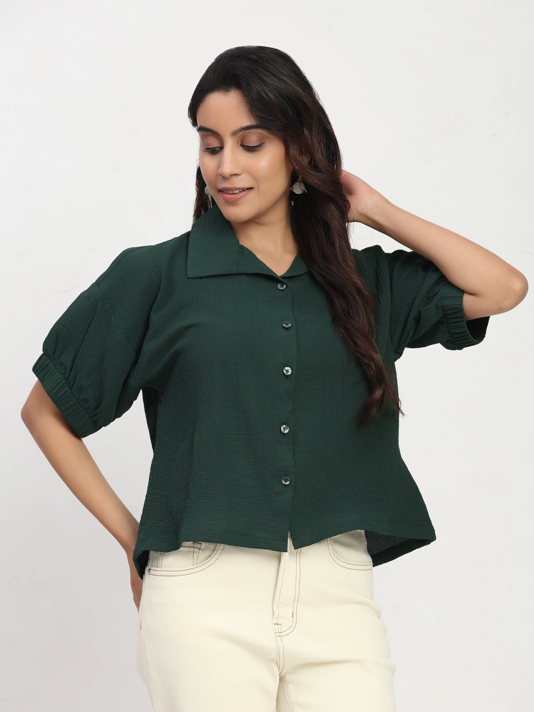 TrendRush Women Green Kaftan Style Elasticated Sleeve Shirt