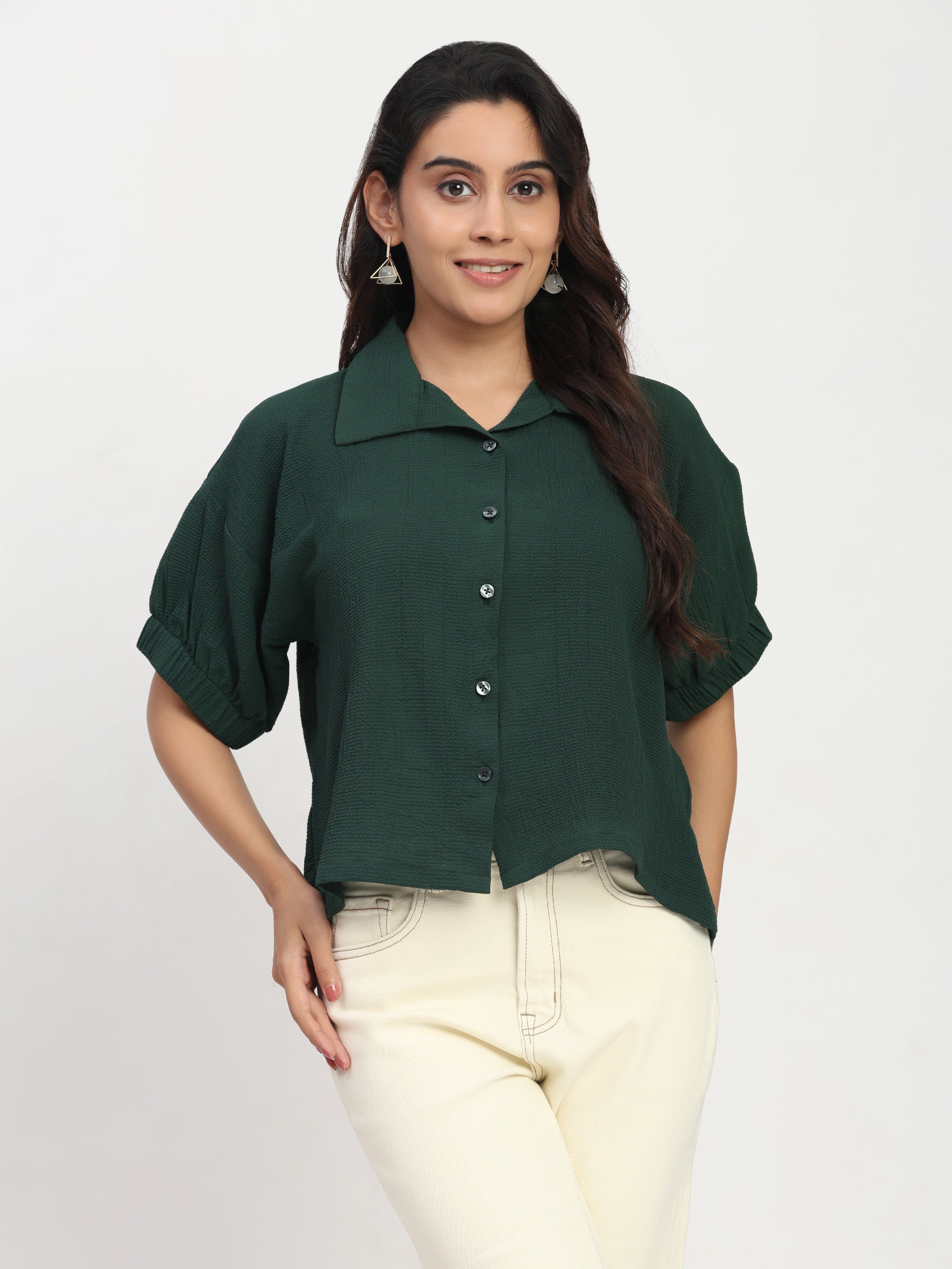 TrendRush Women Green Kaftan Style Elasticated Sleeve Shirt