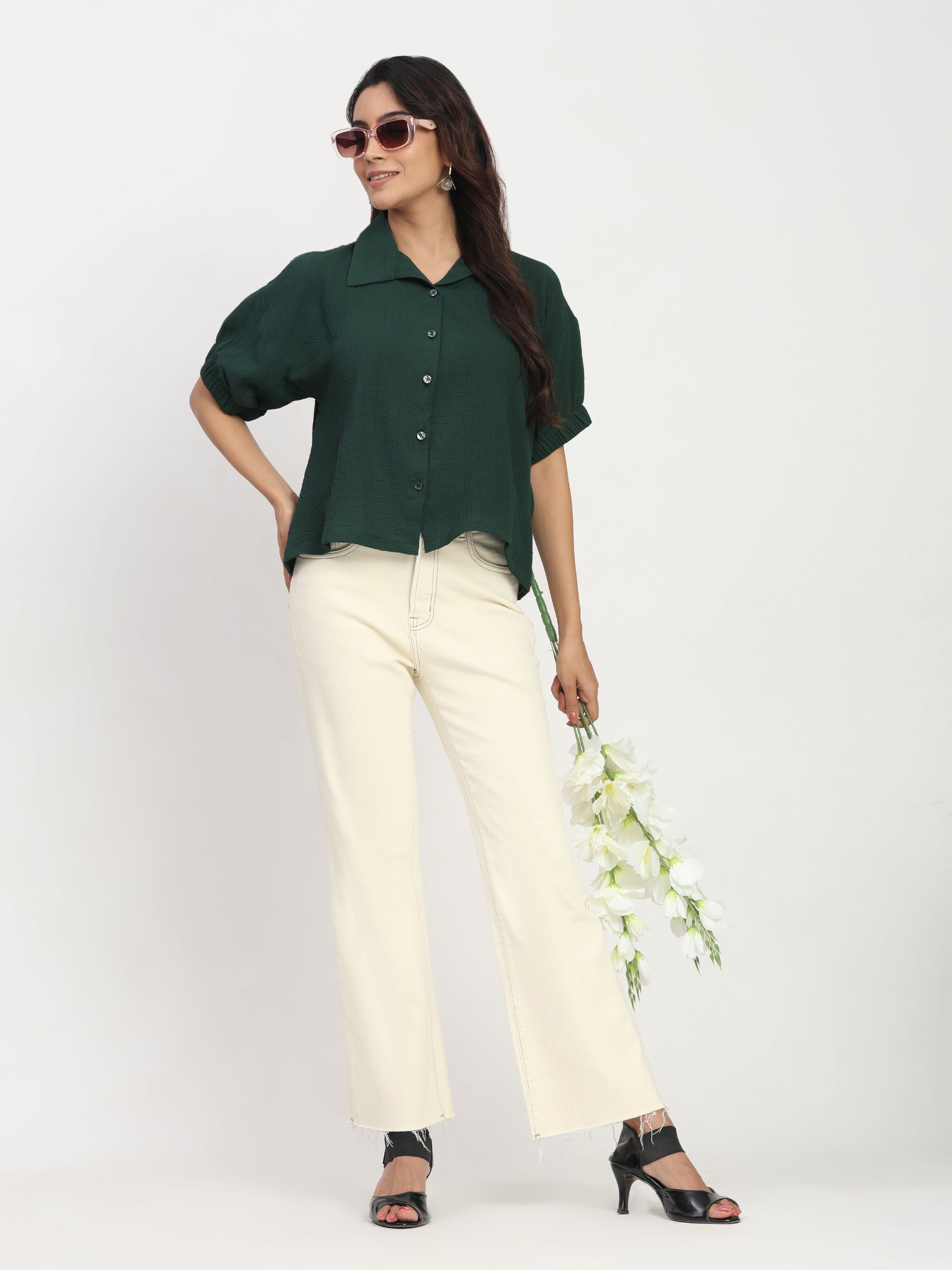 TrendRush Women Green Kaftan Style Elasticated Sleeve Shirt