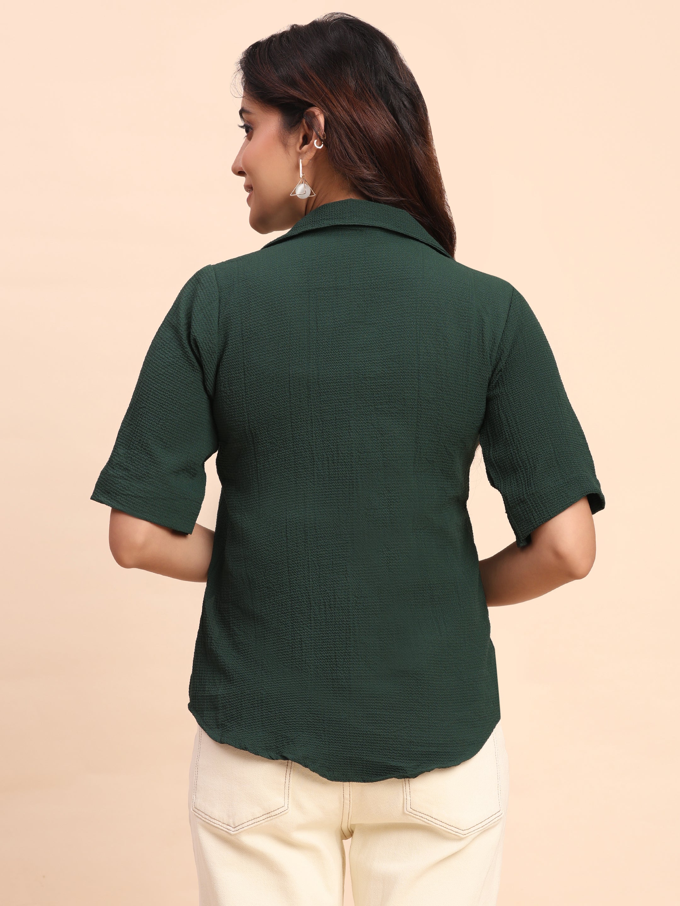 TrendRush Women Green V-Neck Short Sleeve Solid Formal Top