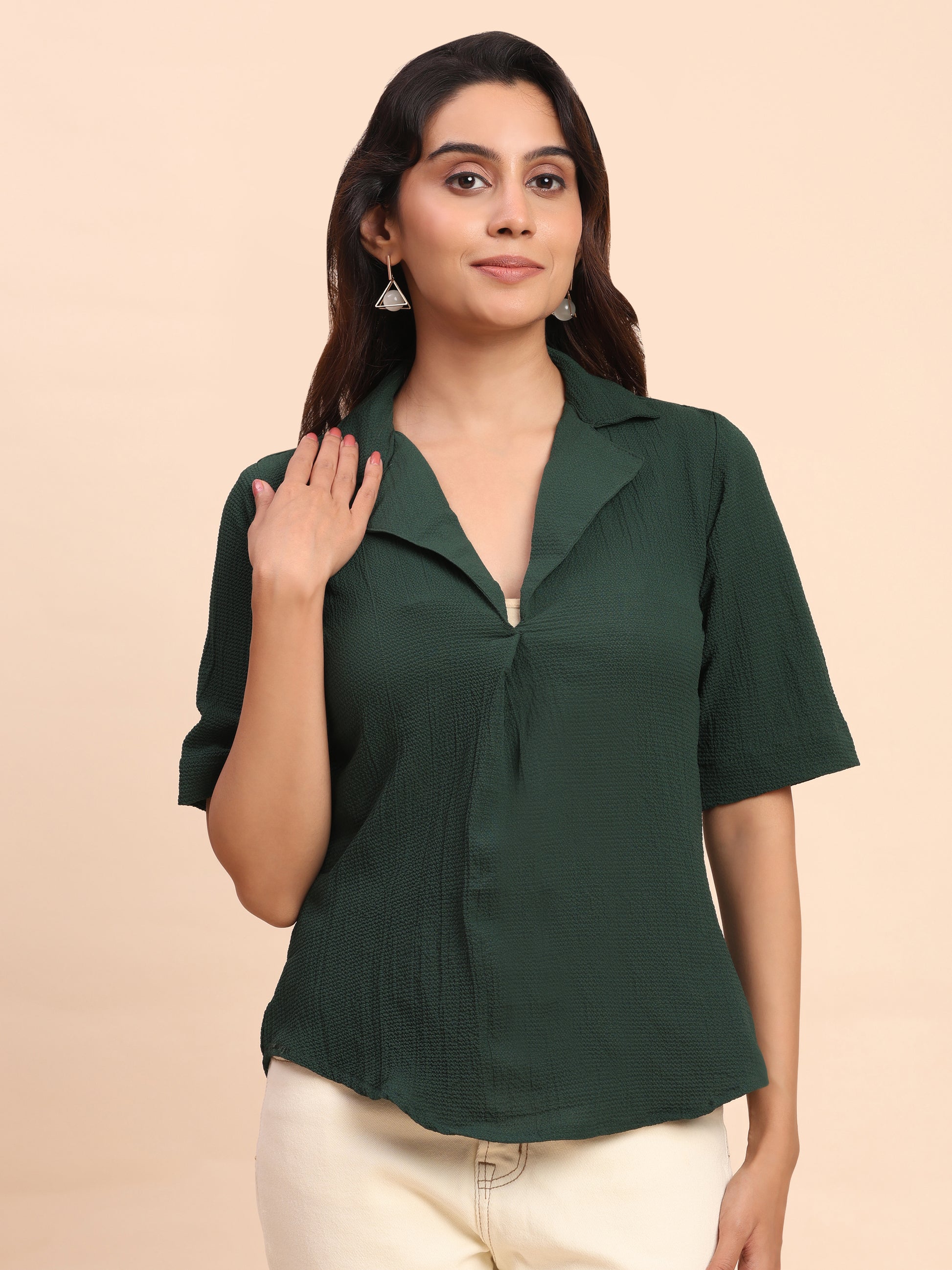 TrendRush Women Green V-Neck Short Sleeve Solid Formal Top