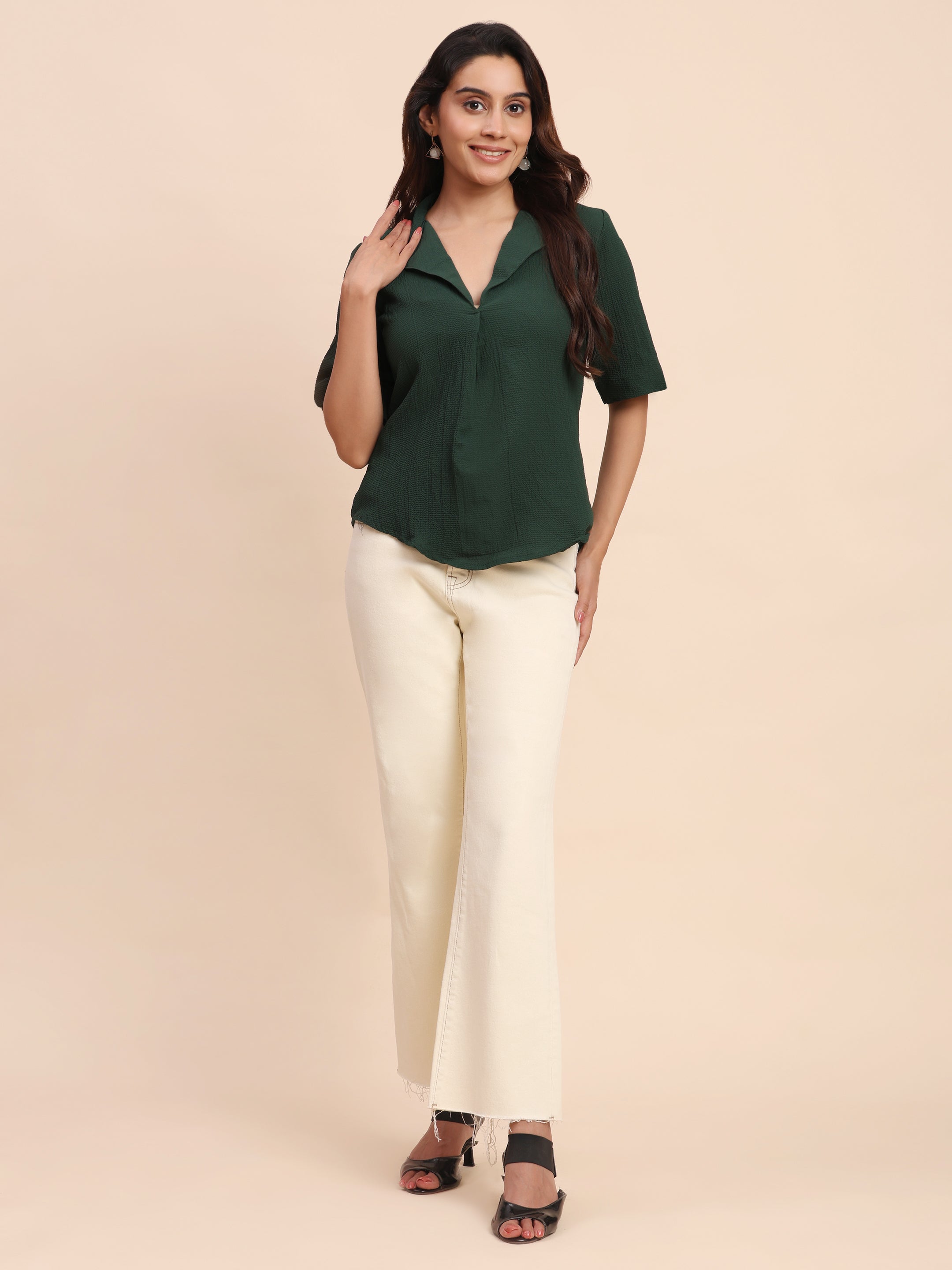 TrendRush Women Green V-Neck Short Sleeve Solid Formal Top