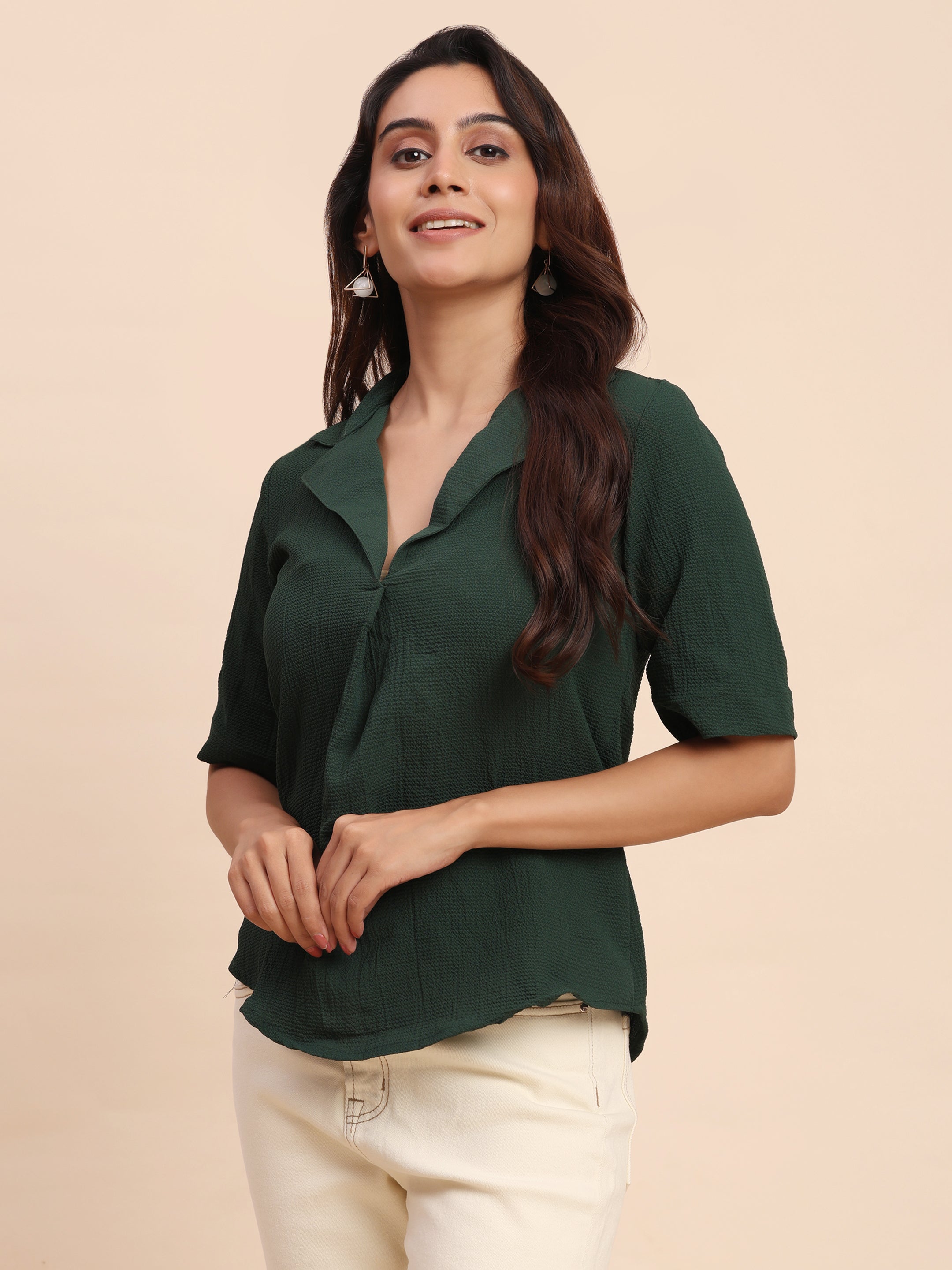 TrendRush Women Green V-Neck Short Sleeve Solid Formal Top