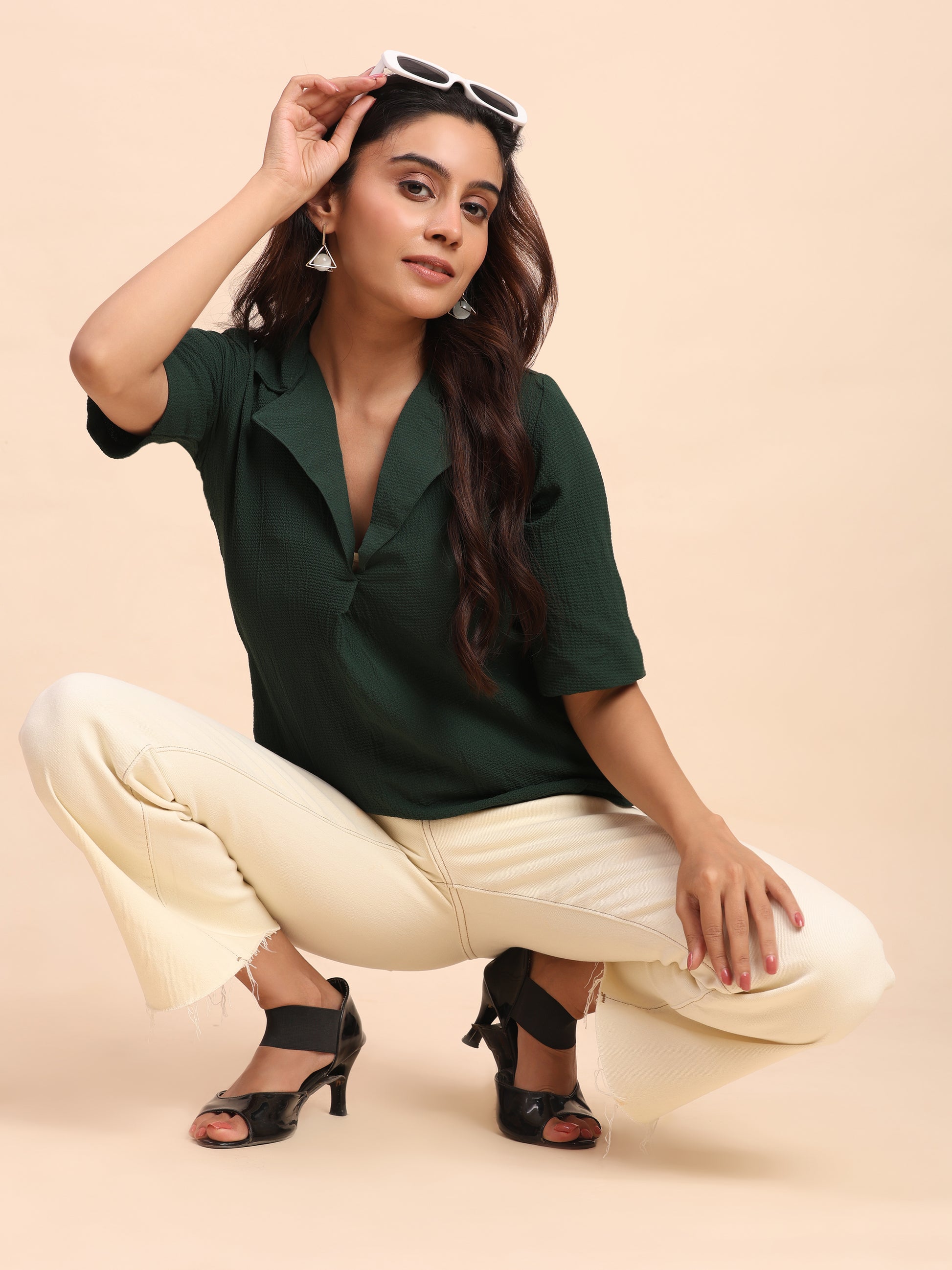 TrendRush Women Green V-Neck Short Sleeve Solid Formal Top