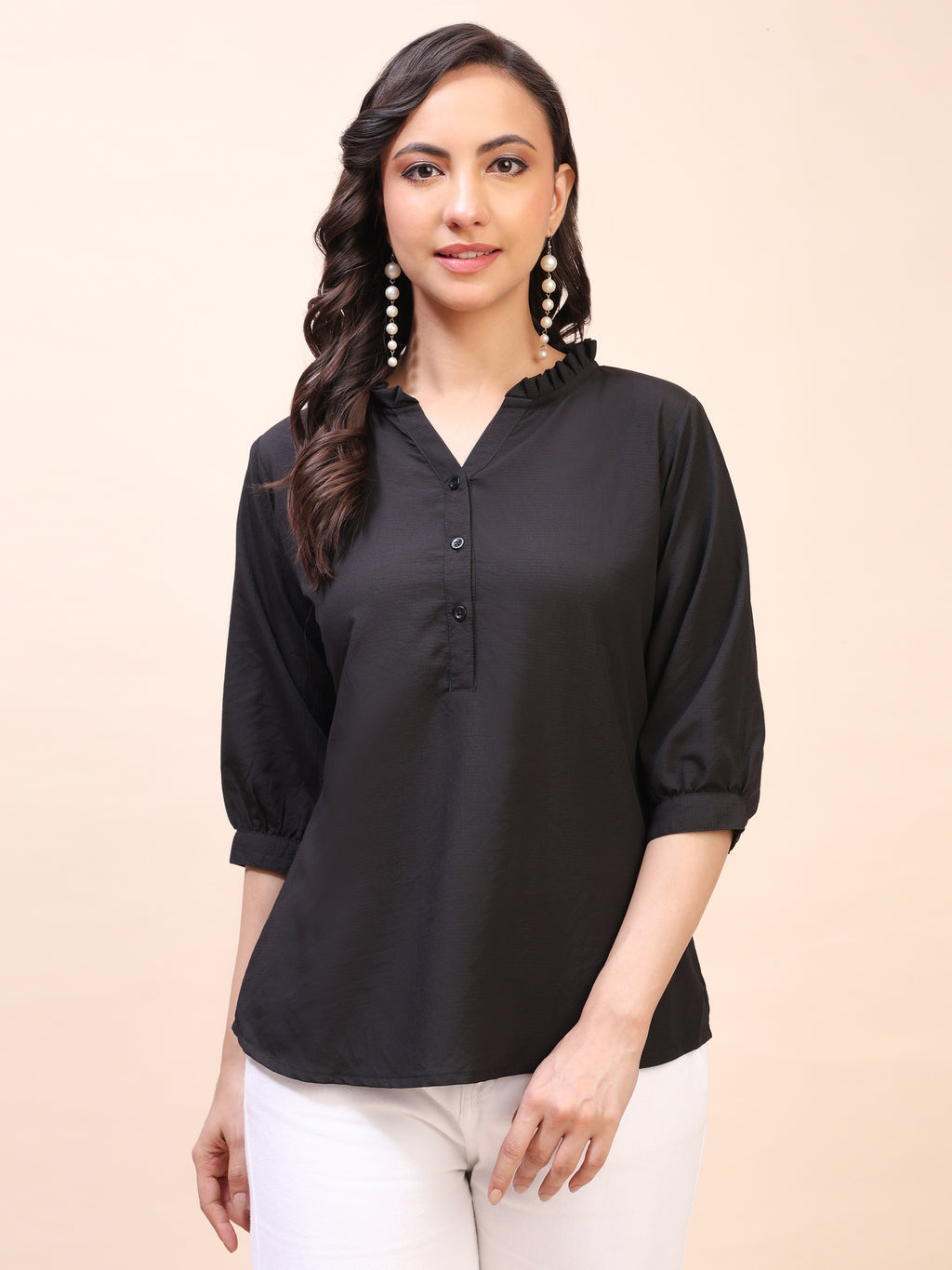 Classic Ruffle Detail Mandarin Collar Top