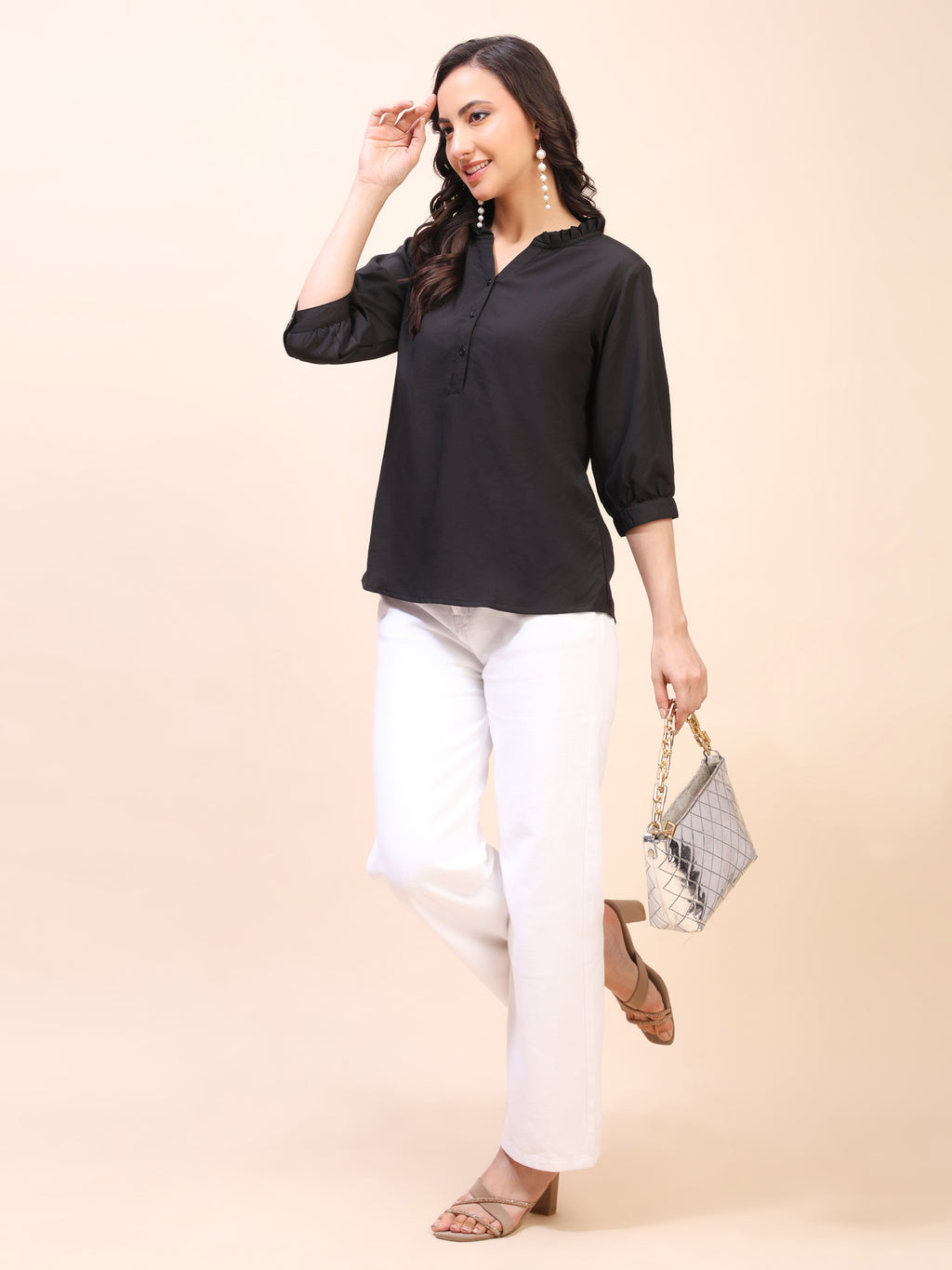 Classic Ruffle Detail Mandarin Collar Top