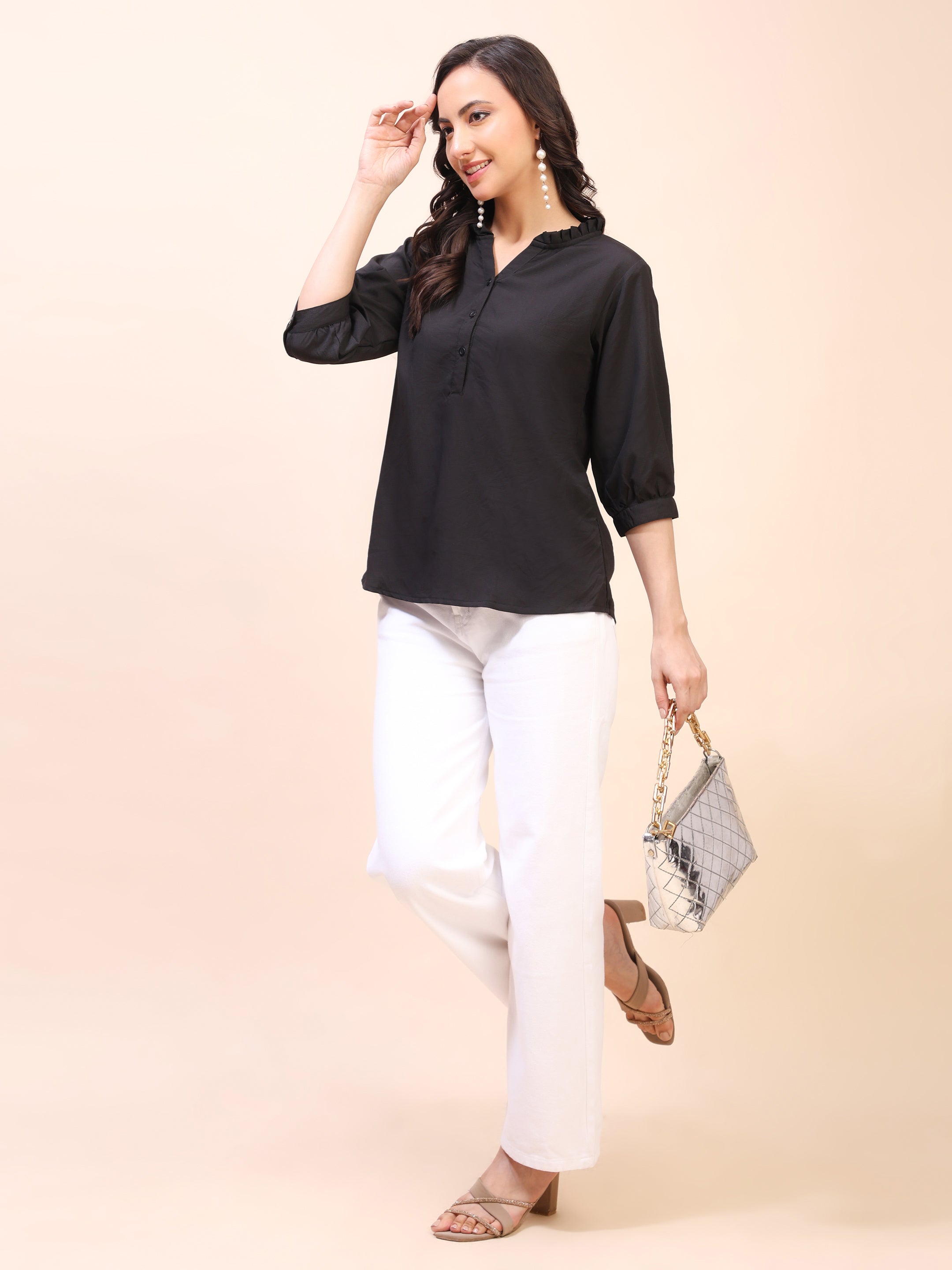 Classic Ruffle Detail Mandarin Collar Top