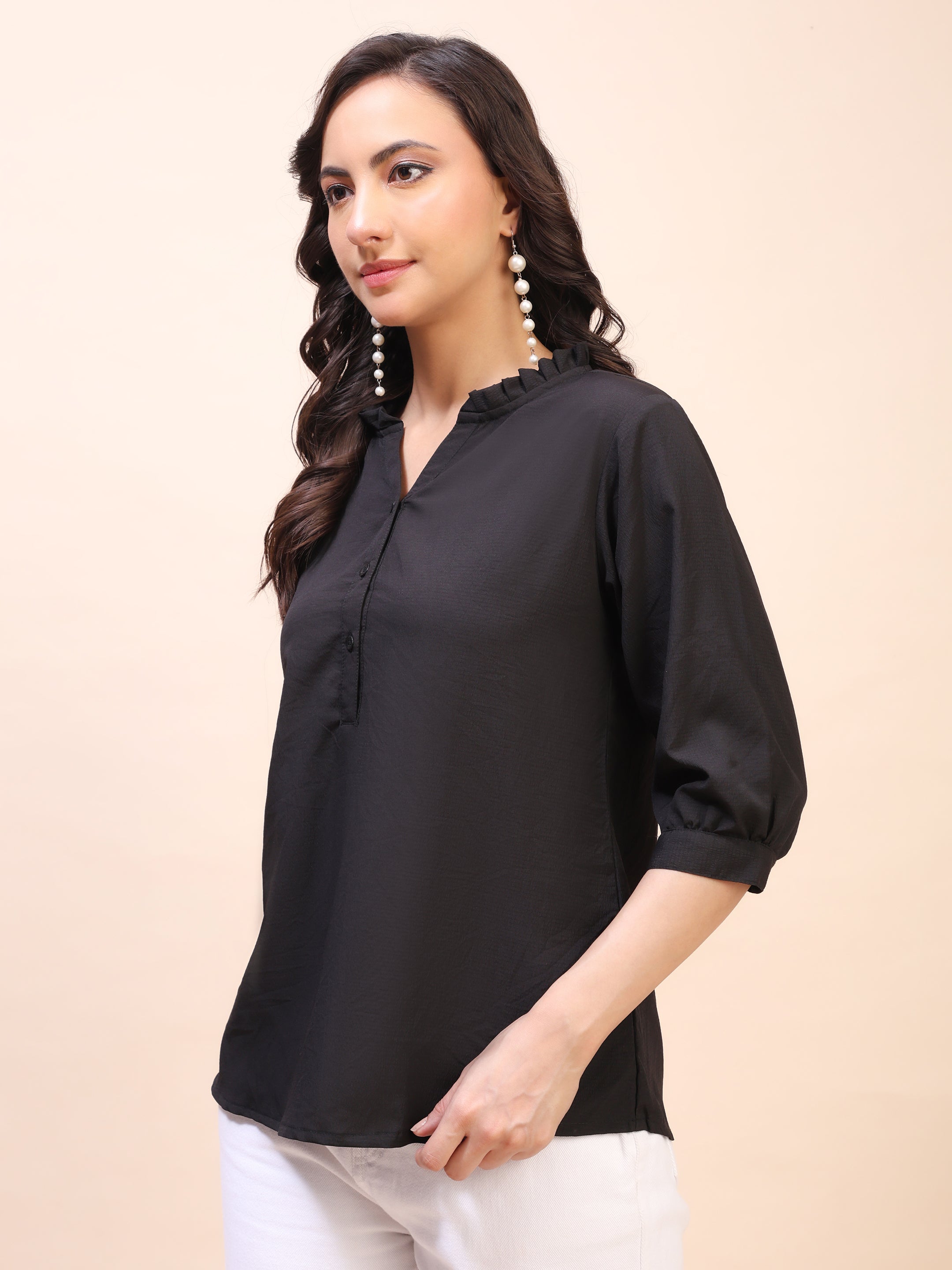 Classic Ruffle Detail Mandarin Collar Top