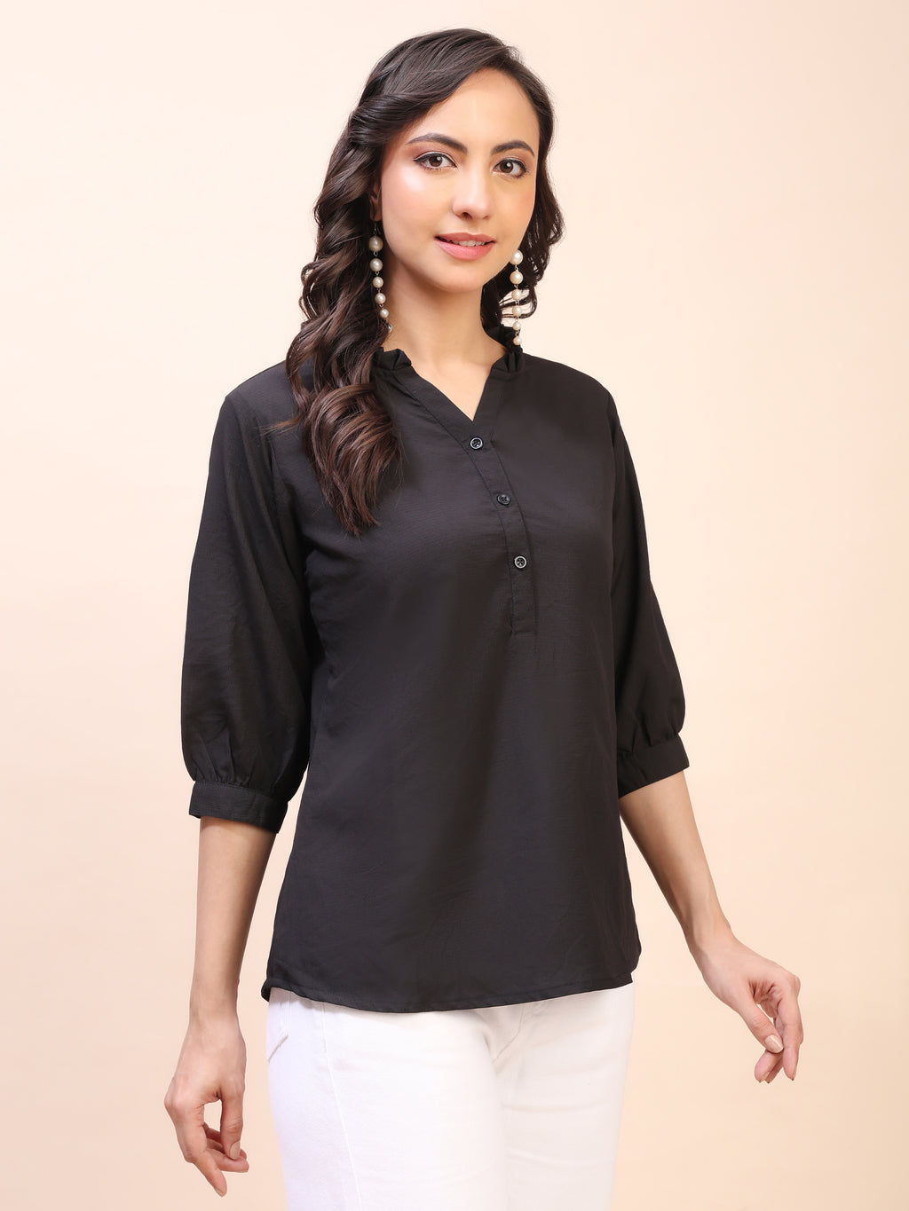 Classic Ruffle Detail Mandarin Collar Top