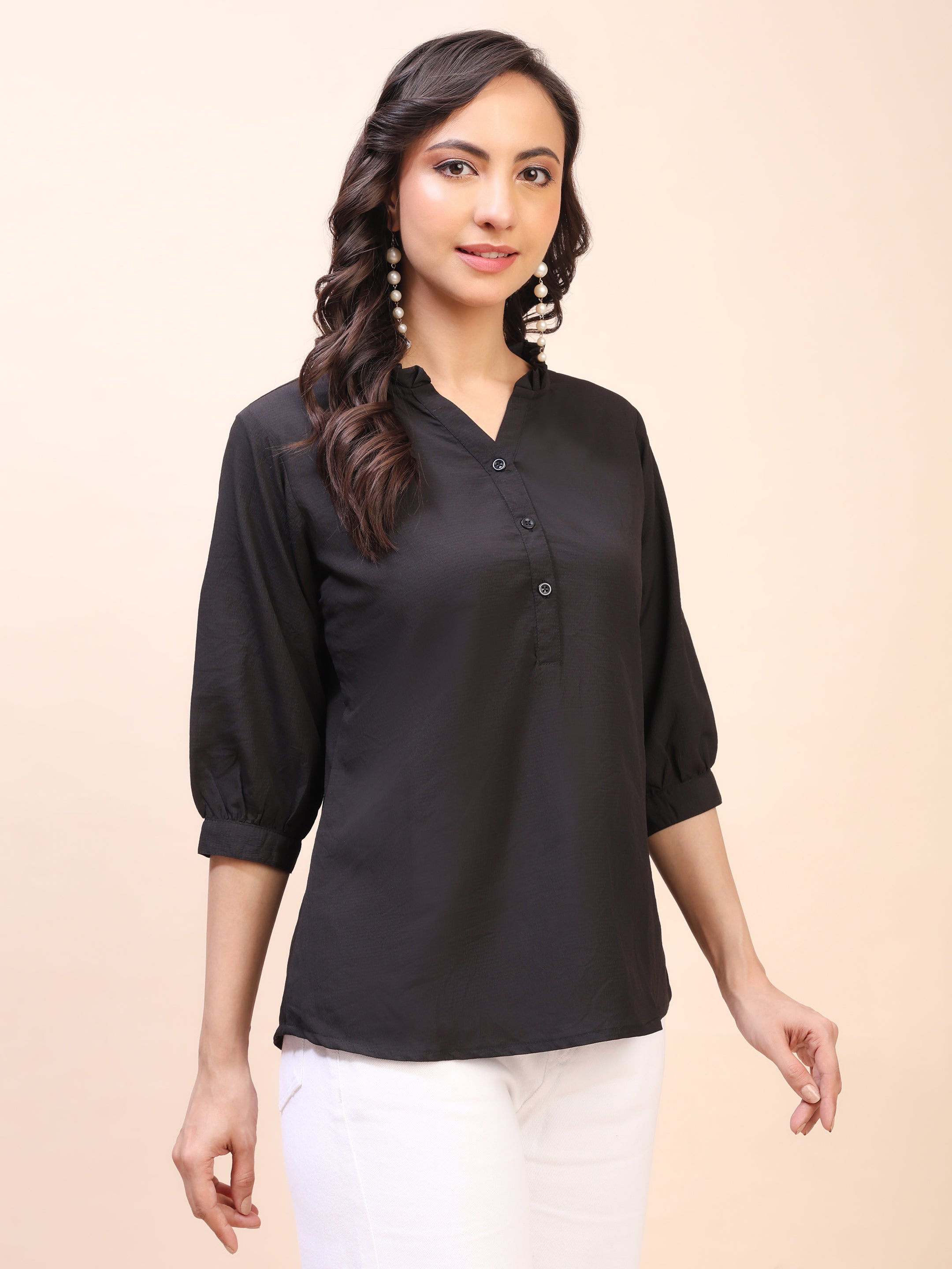 Classic Ruffle Detail Mandarin Collar Top