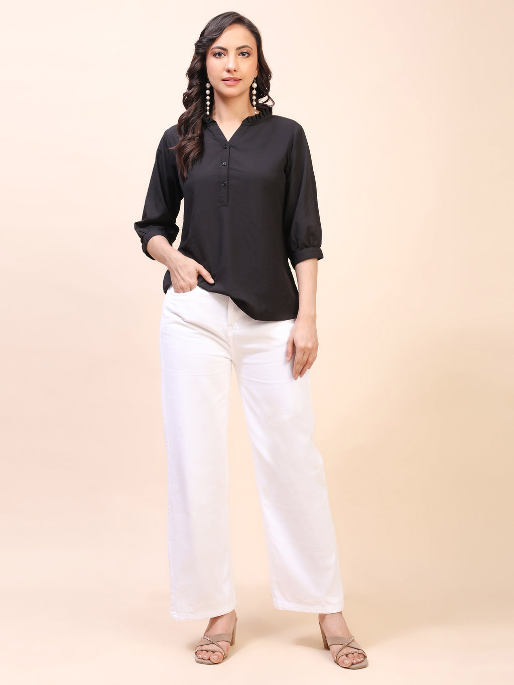 Classic Ruffle Detail Mandarin Collar Top