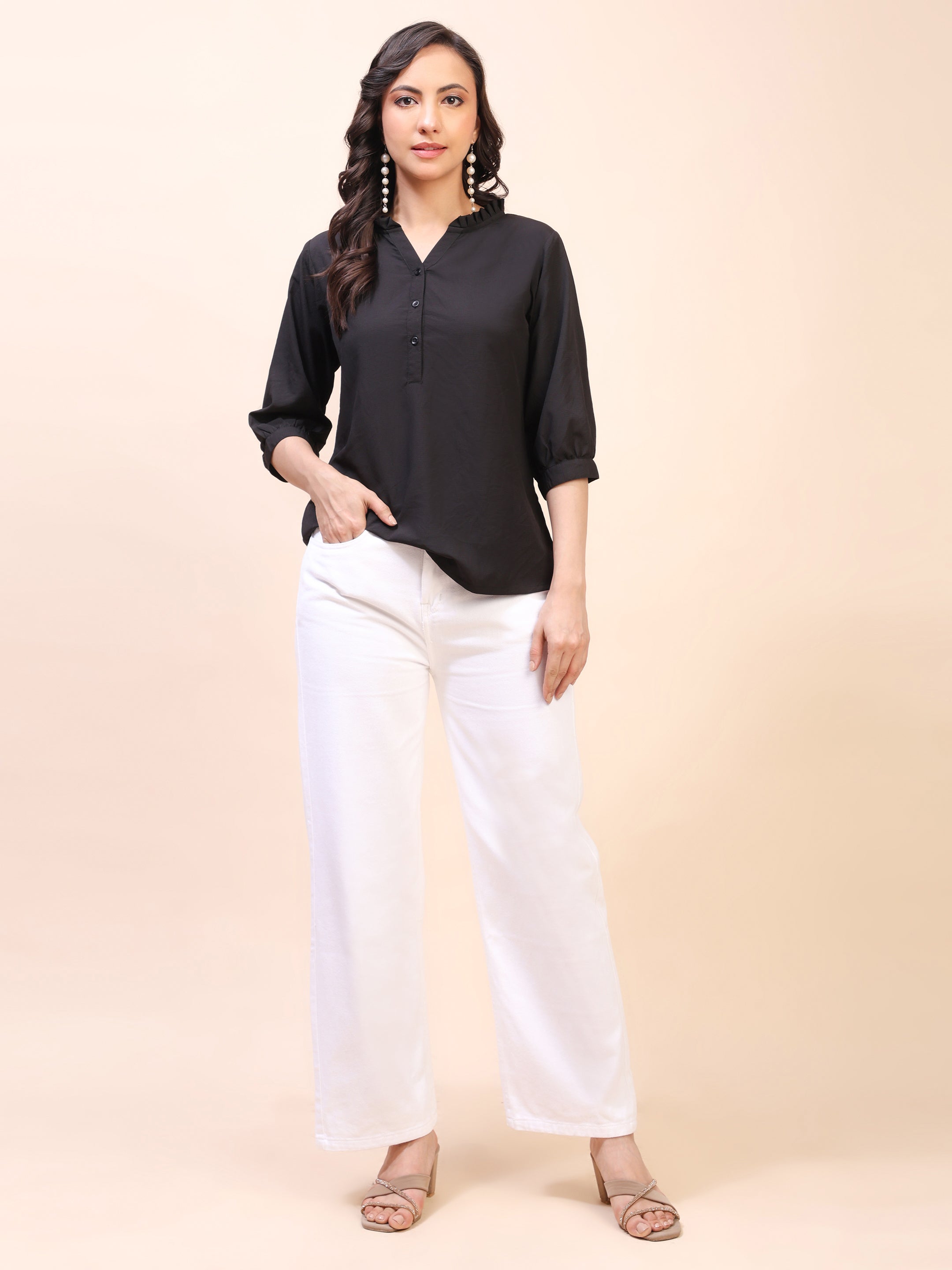 Classic Ruffle Detail Mandarin Collar Top