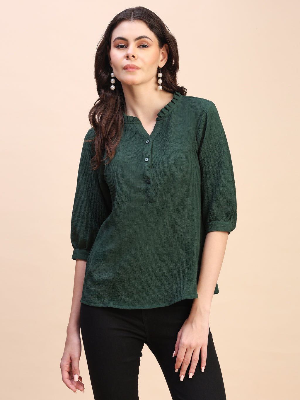 Classic Ruffle Detail Mandarin Collar Top