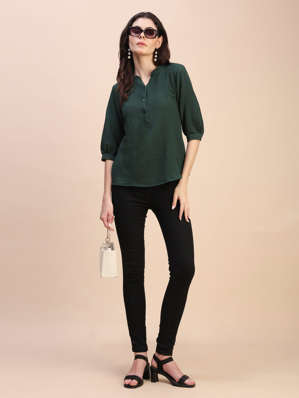 Classic Ruffle Detail Mandarin Collar Top