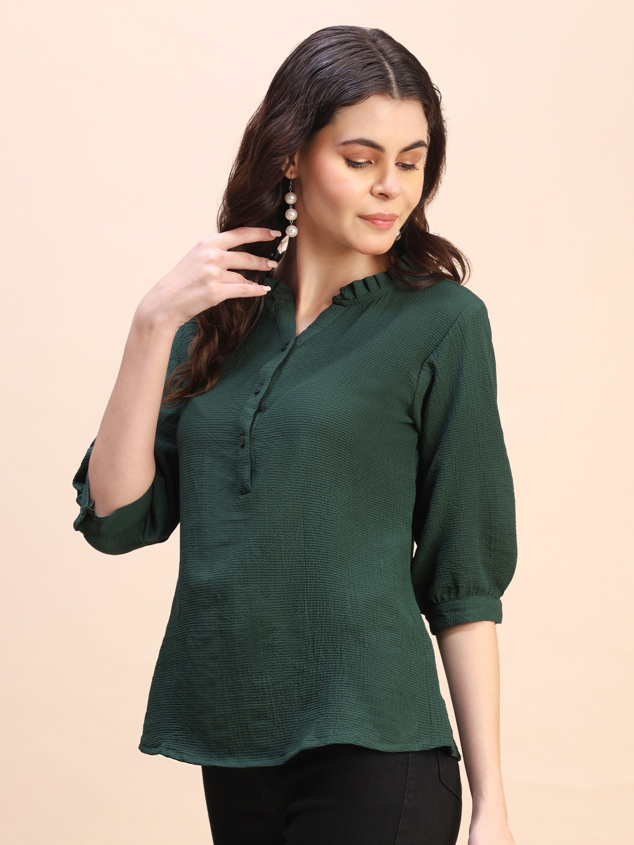 Classic Ruffle Detail Mandarin Collar Top