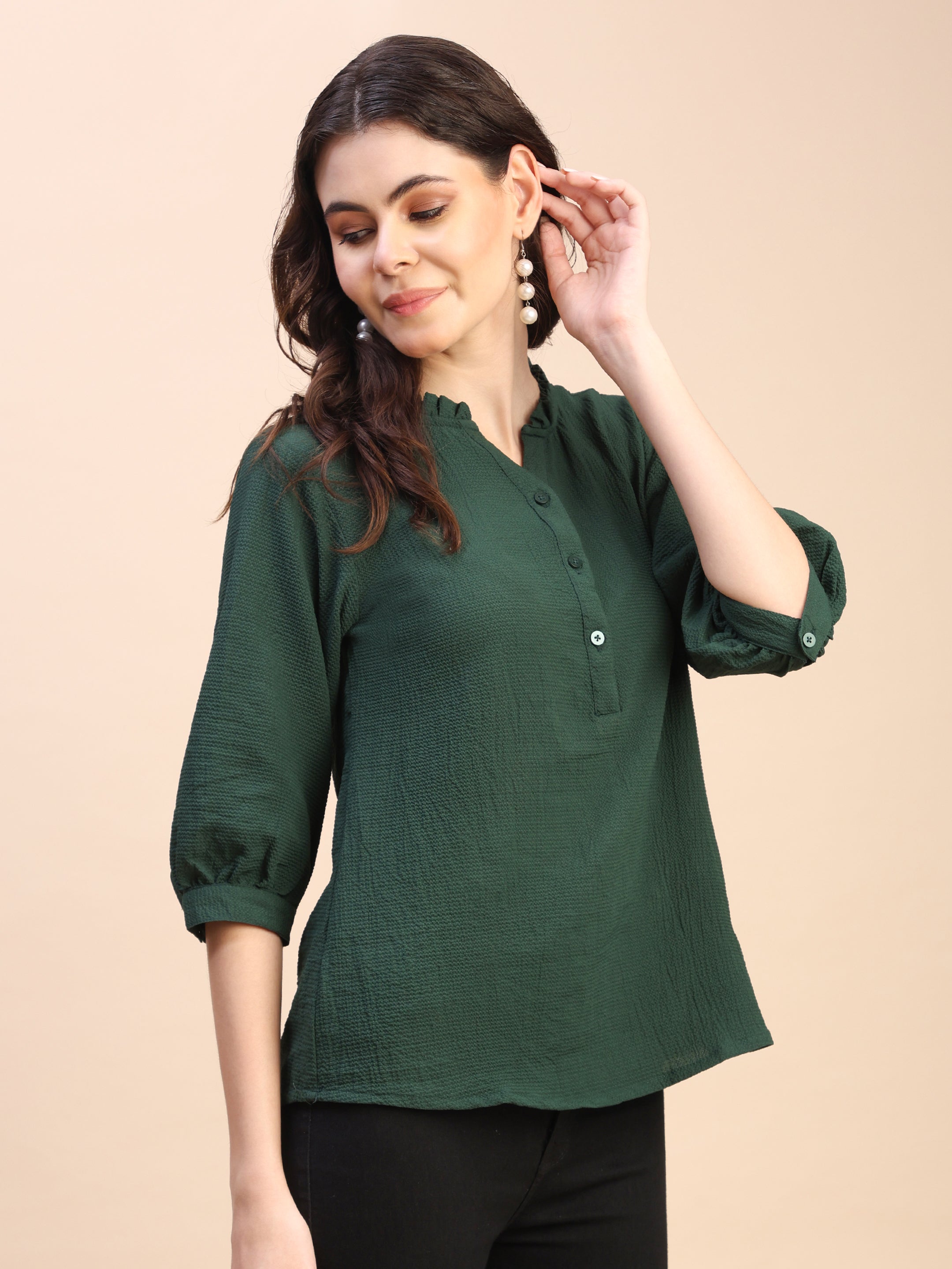 Classic Ruffle Detail Mandarin Collar Top