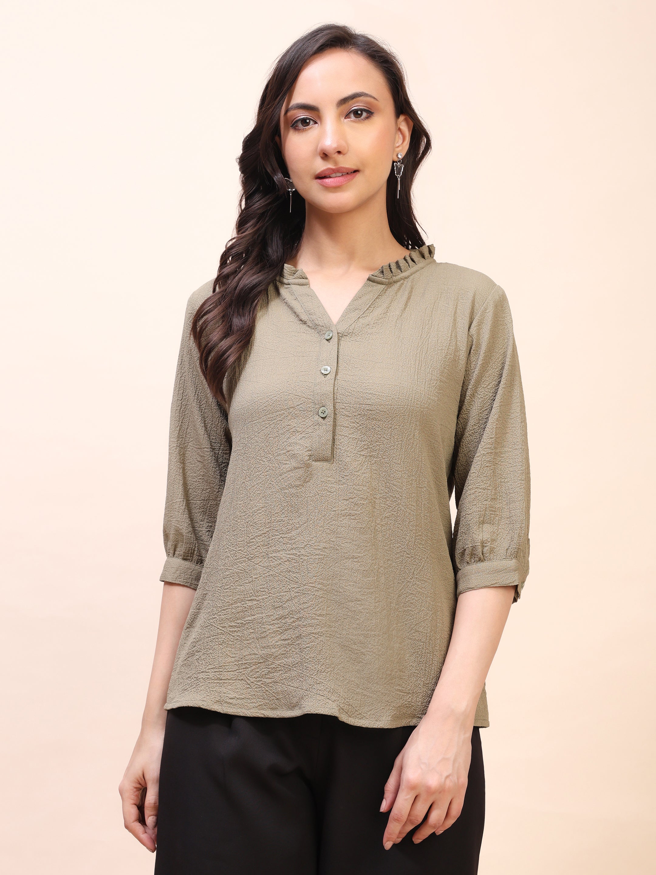 Classic Ruffle Detail Mandarin Collar Top