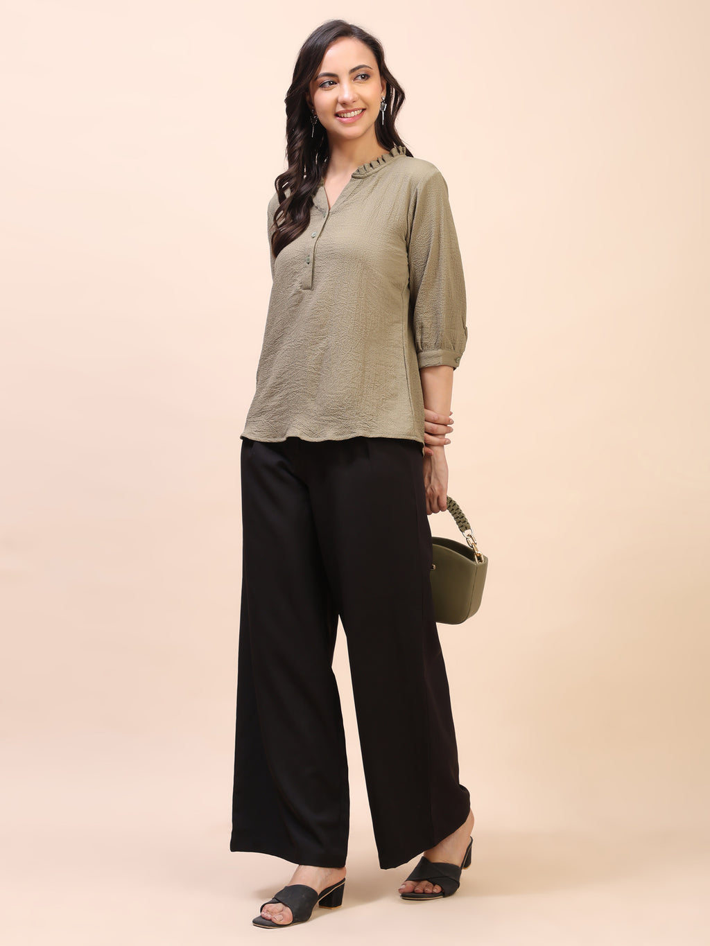 Classic Ruffle Detail Mandarin Collar Top
