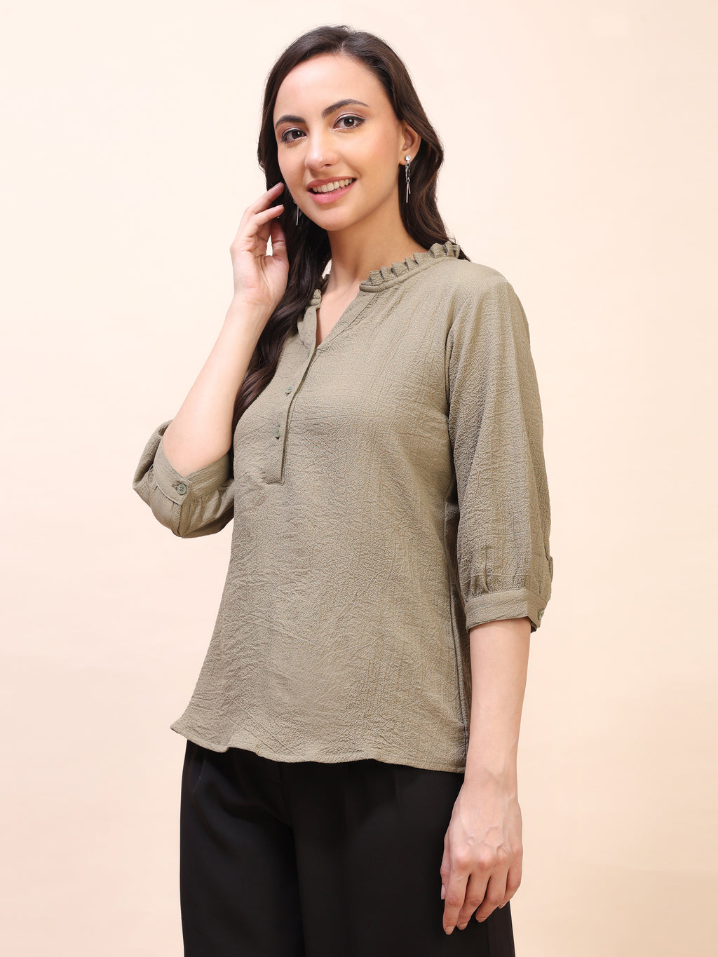 Classic Ruffle Detail Mandarin Collar Top