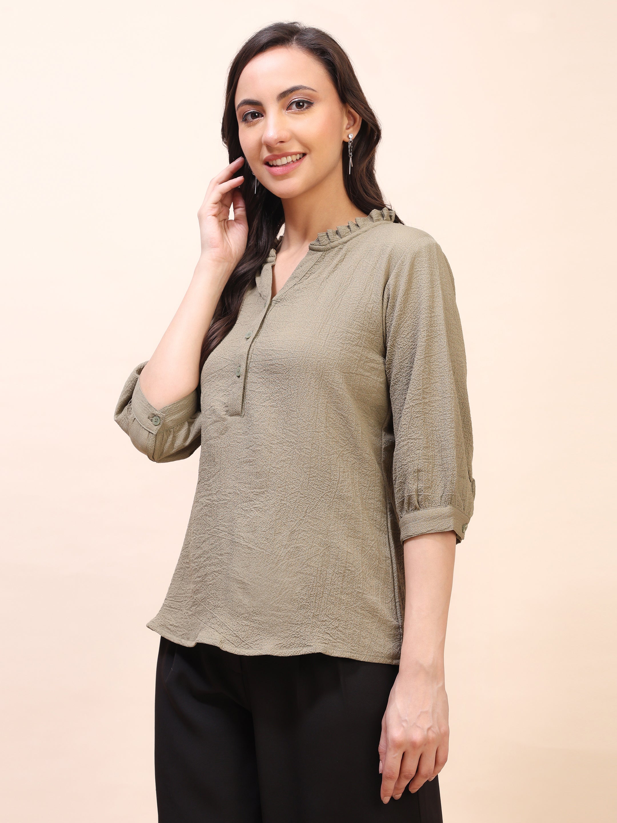 Classic Ruffle Detail Mandarin Collar Top